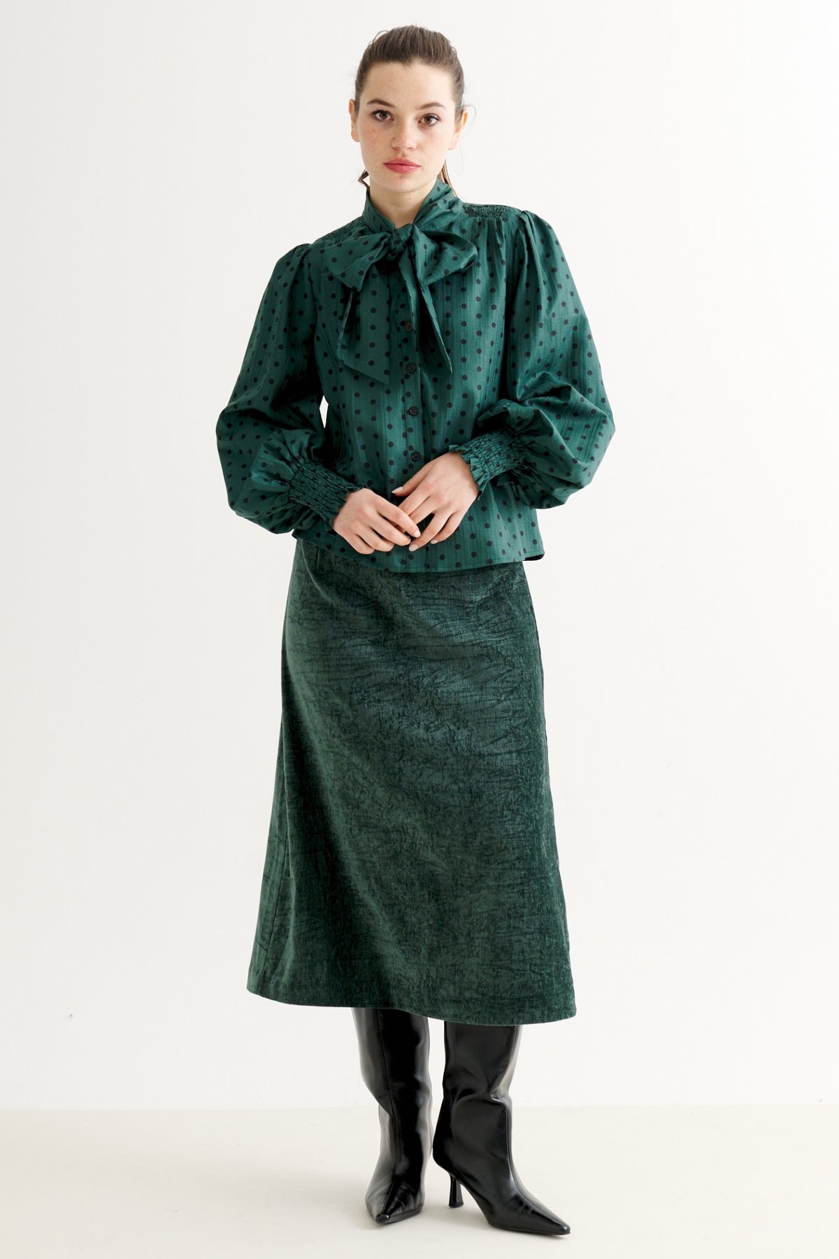 Aditi Spot Tie Neck Blouse - Forest Green
