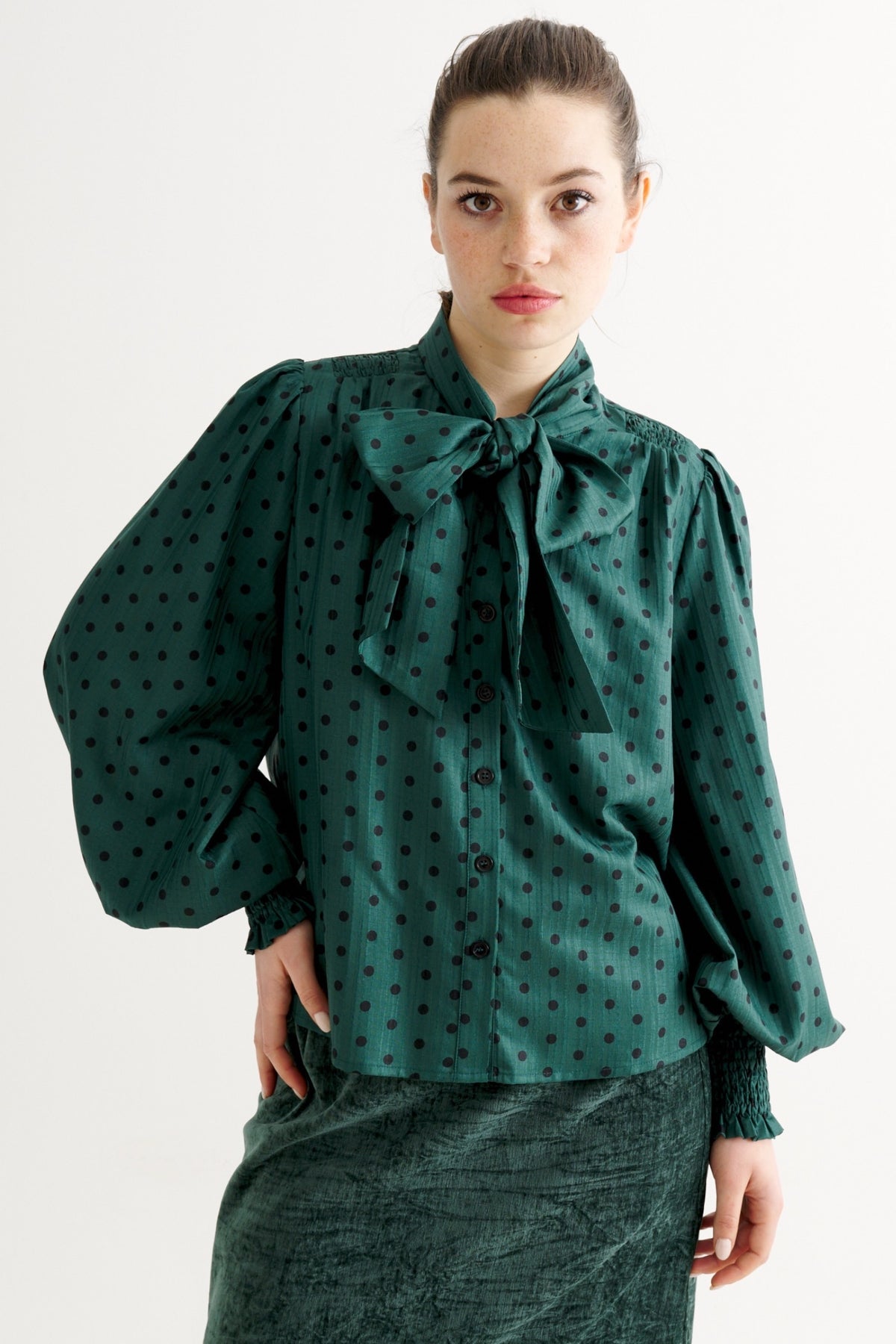 Aditi Spot Tie Neck Blouse - Forest Green