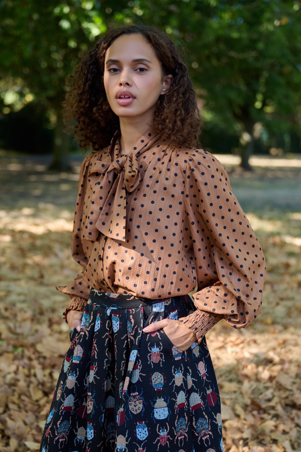Aditi Spot Tie Neck Blouse - Toffee