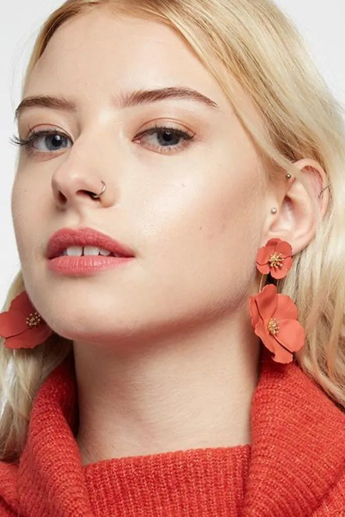 Bezer Double Flower Pendant Stud Earrings Orange JOY