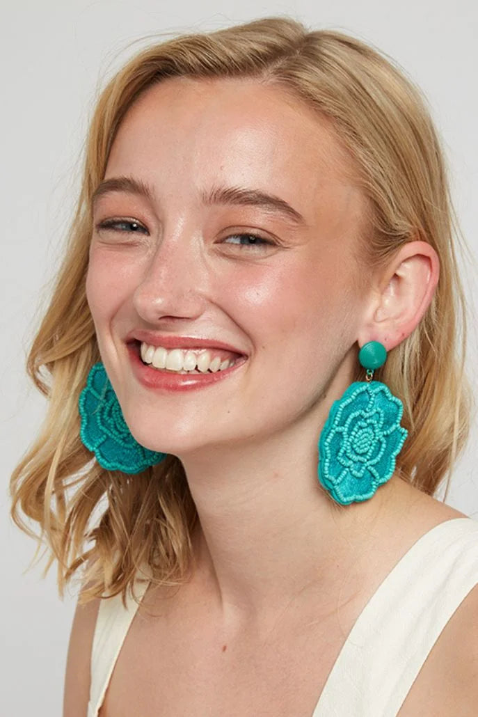 Aquila Flower Beaded Earrings in Turquoise - Styled