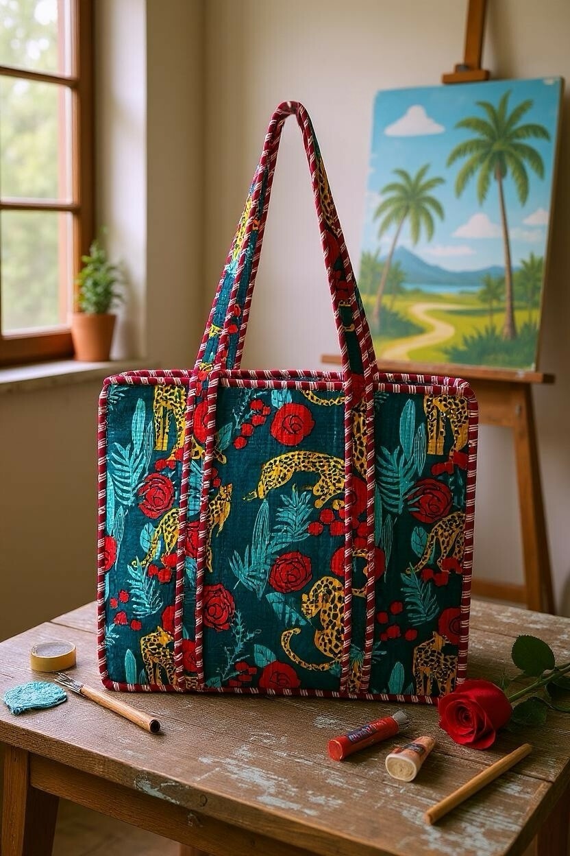 Leopard & Roses Quilted Large Tote Bag