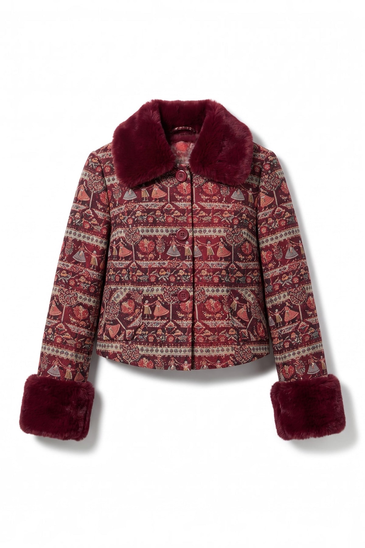 Kent Heirloom Fur Trim Cropped Jacket - Wine Red