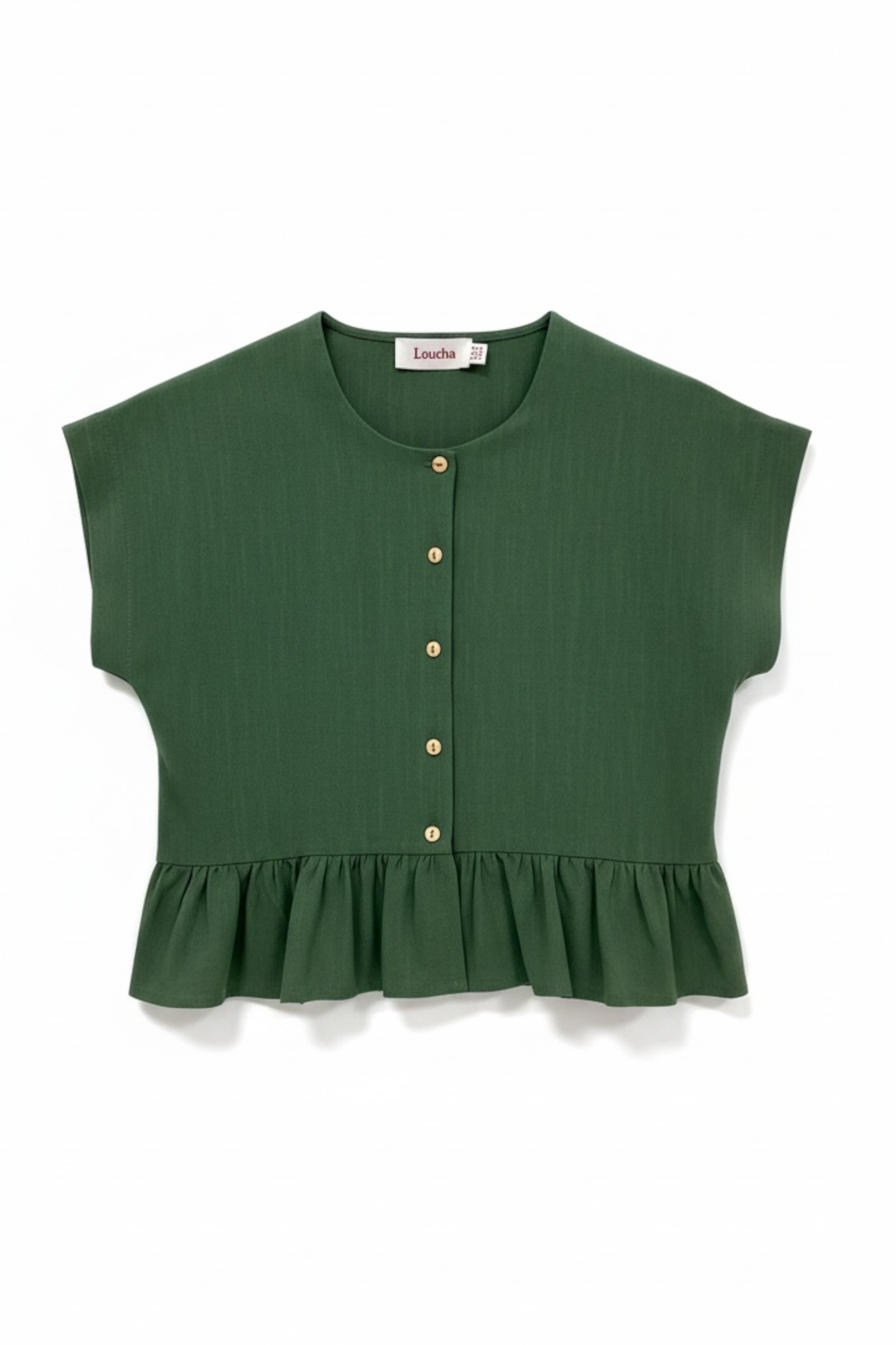 green linen-viscose blend top with extended shoulders, button-through front, and a flutter frill hem.