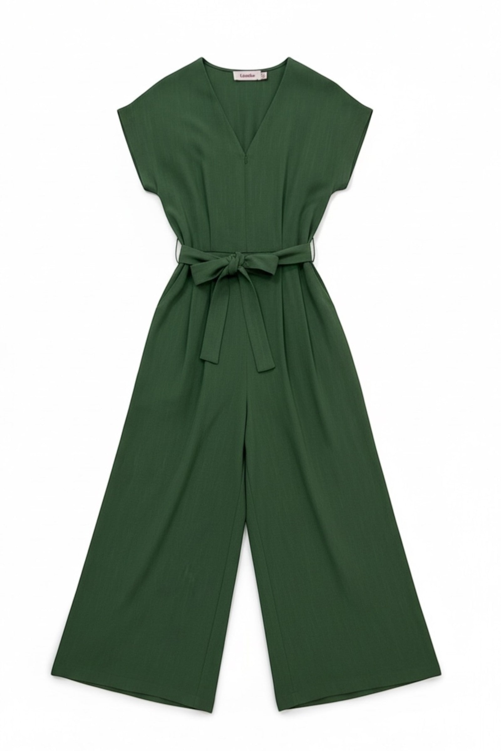 green linen mix wide-leg jumpsuit with V-neck, extended shoulders, self belt, and zip front.