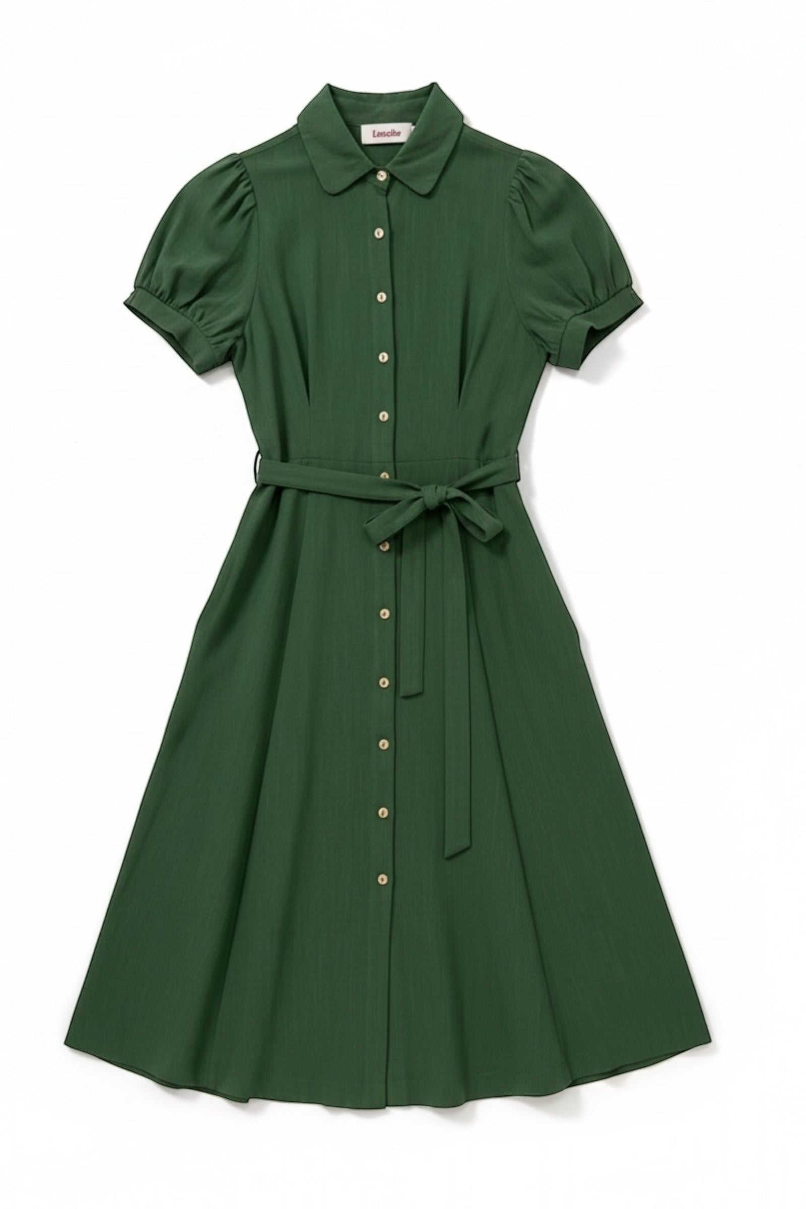 green linen mix midi shirt dress with puff sleeves, rounded collar, button front, and self-tie belt.