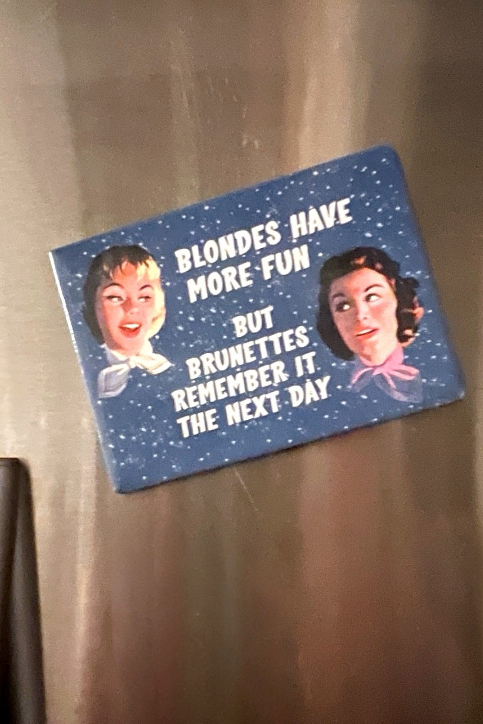 JOY fridge magnet with a blue background featuring retro illustrations of a blonde and brunette woman and the text "Blondes Have More Fun But Brunettes Remember It The Next Day".