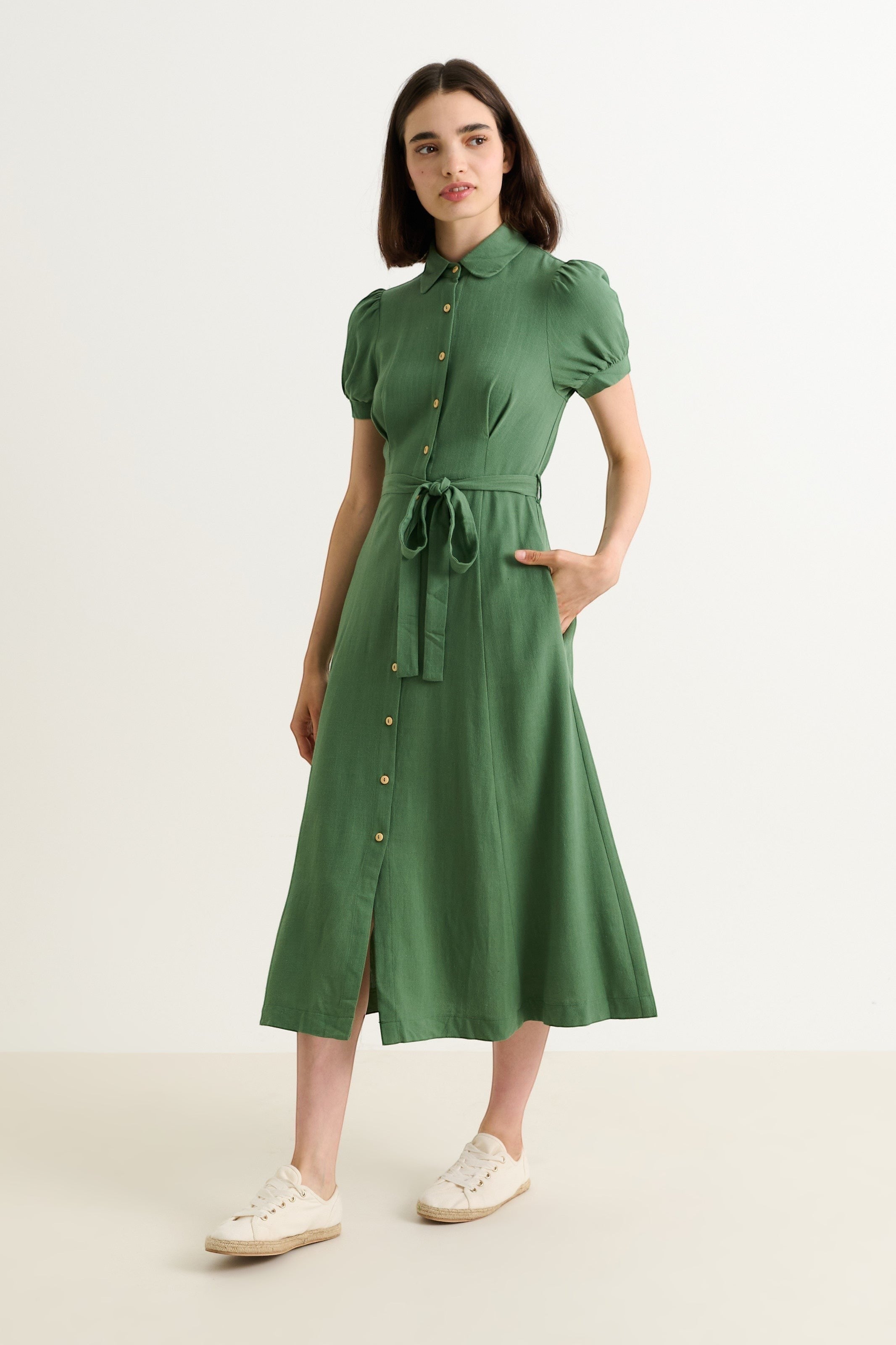 JOY Joselyne green linen mix midi shirt dress with puff sleeves, rounded collar, self belt, and button-through front.