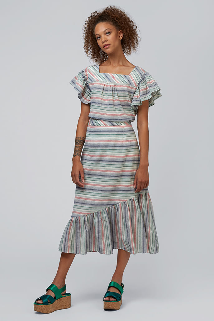 Louche Liana Stripe Asymmetric Peplum Midi Skirt