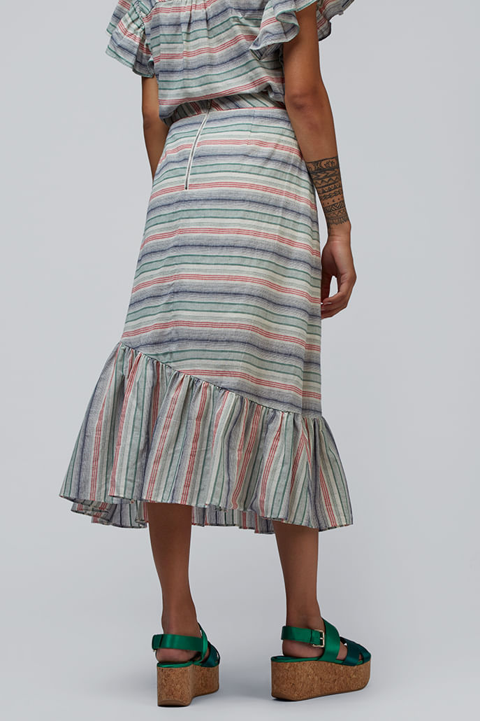 Louche Liana Stripe Asymmetric Peplum Midi Skirt