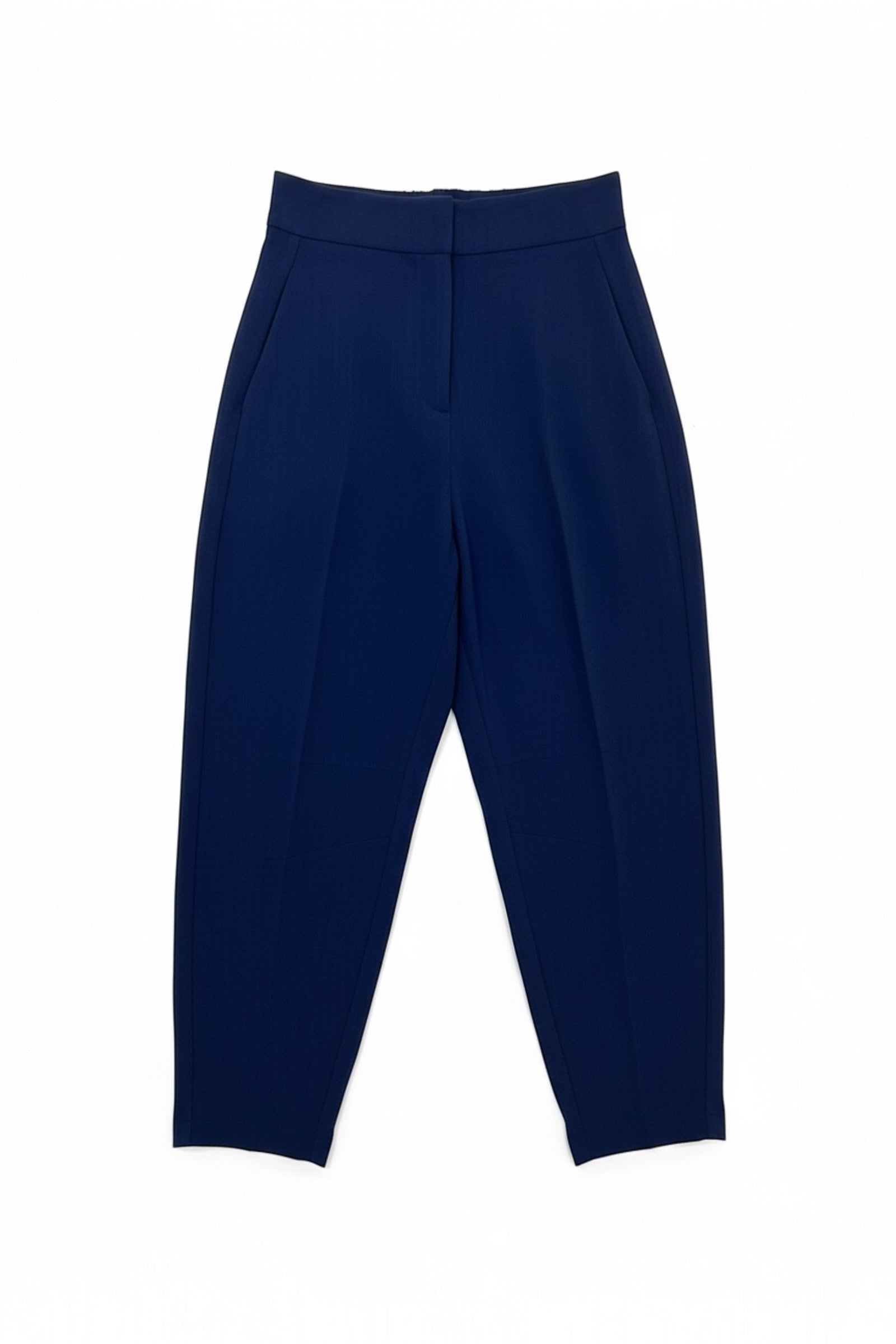 navy linen mix barrel trousers with elasticated waist and pockets.