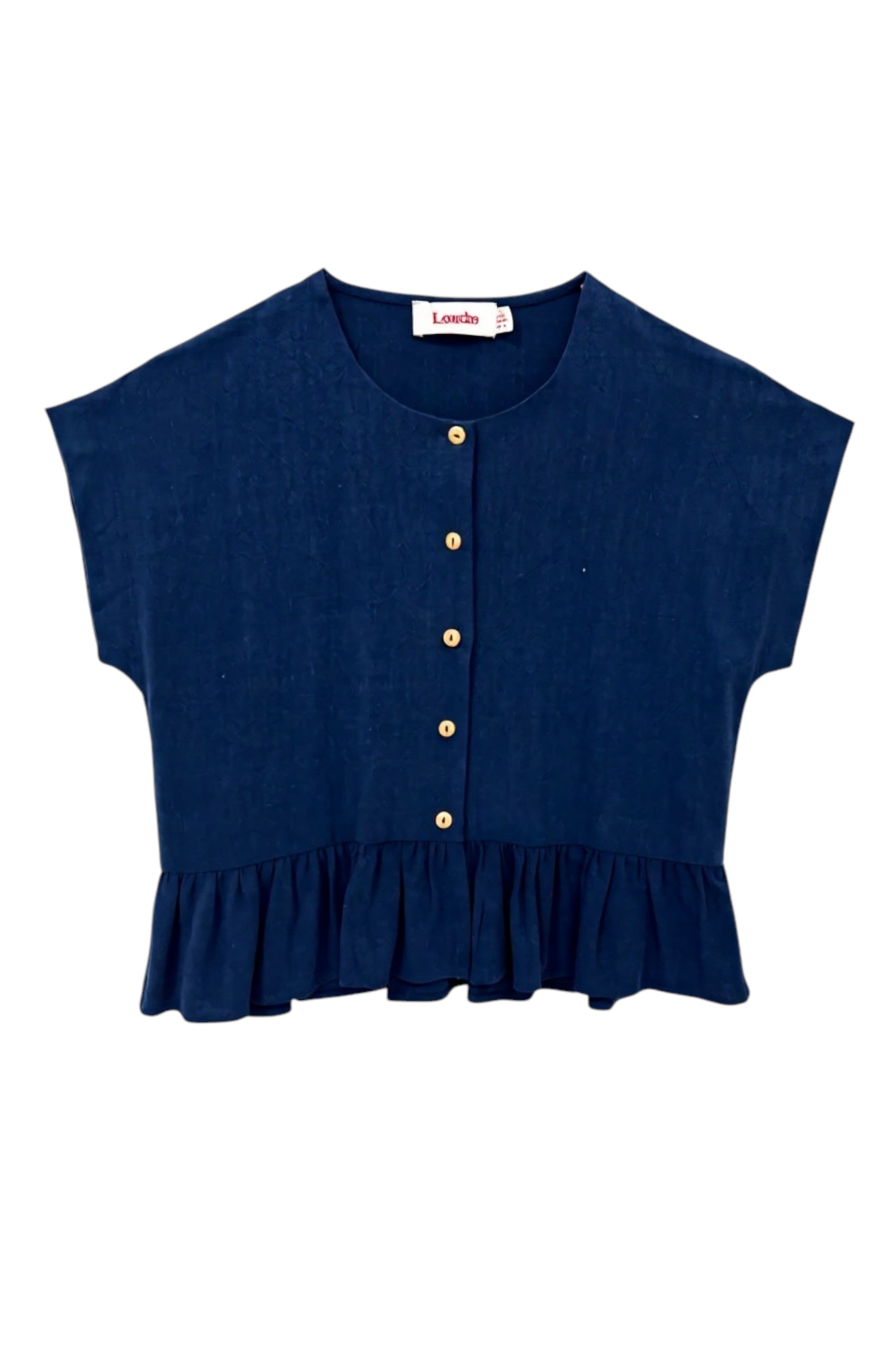 navy blue linen blend short sleeve button-up top with a frilled hem and extended shoulders.