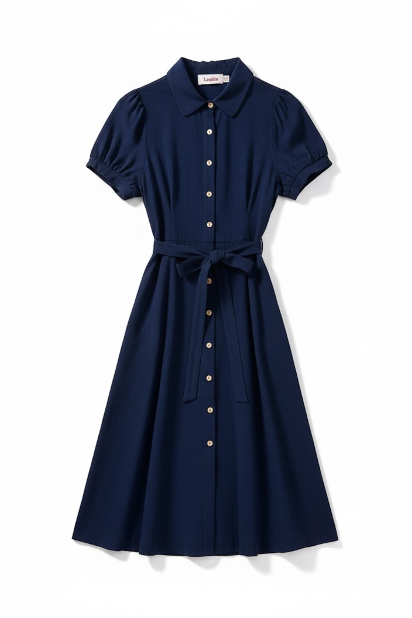 Navy midi shirt dress with puff sleeves, rounded collar, button-through front, and self-tie belt. Made from a linen mix.
