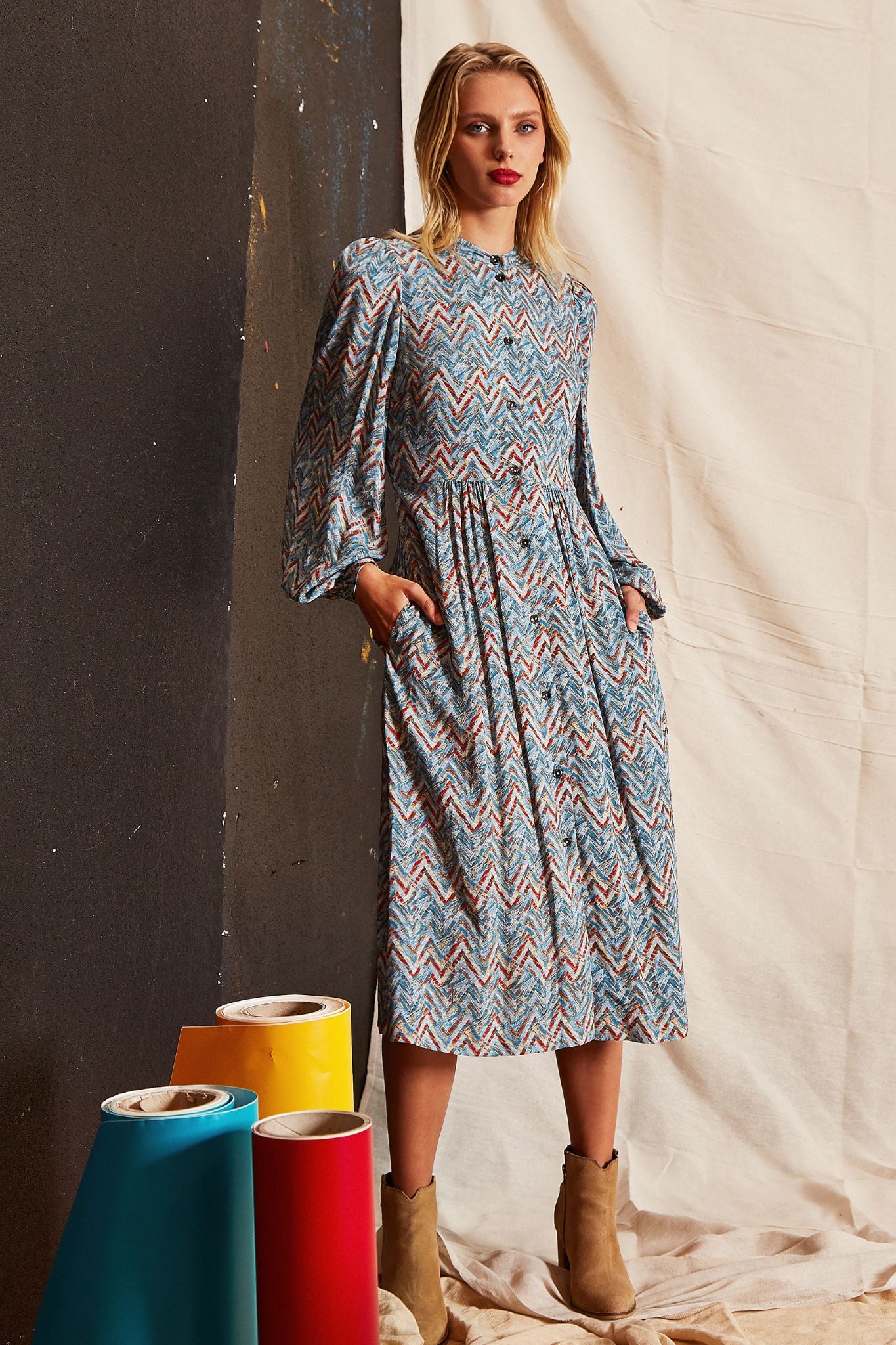 Nayma Art Attack Print Long Sleeve Midi Dress - Duck Egg