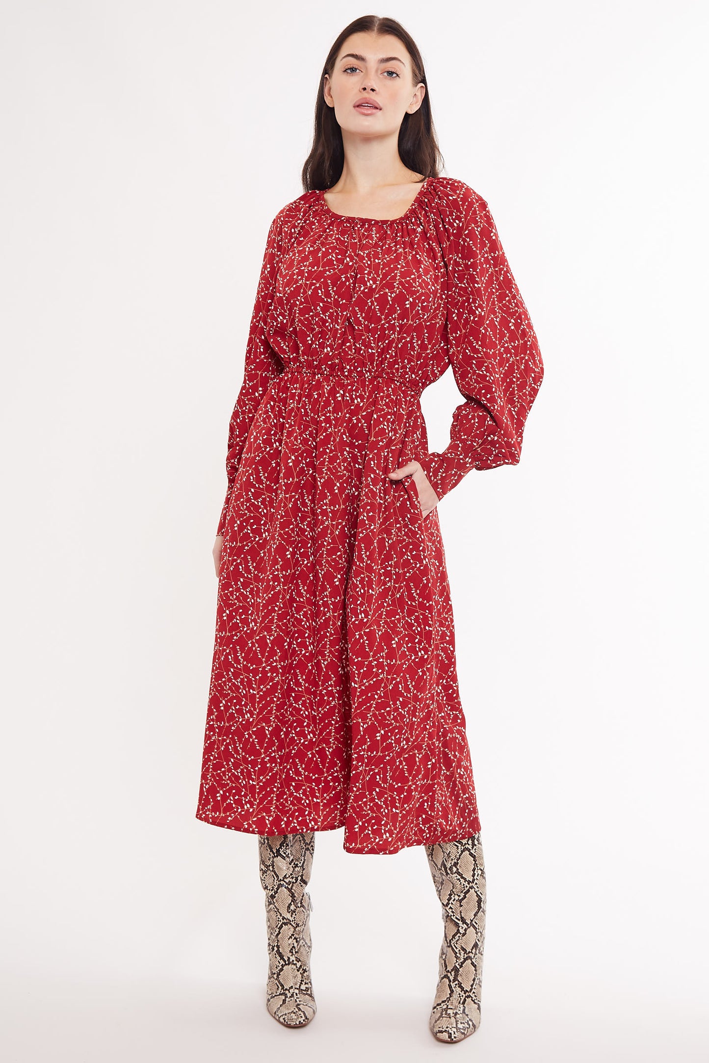 Louche Neelia Sprig Midi Dress in Burgundy