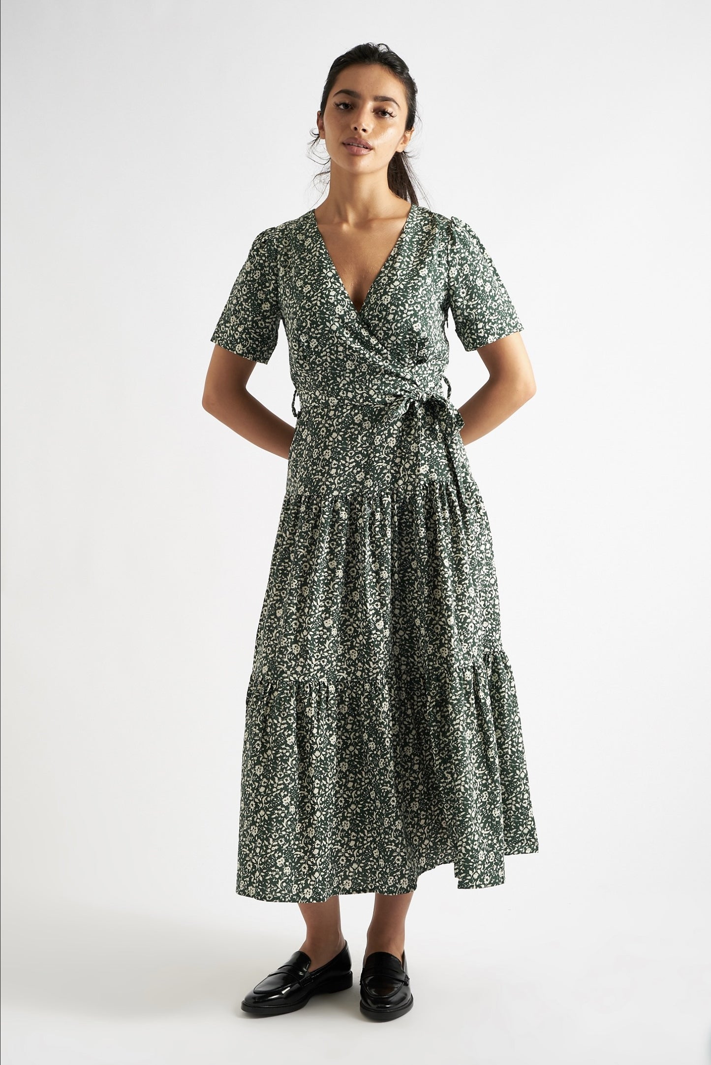 Emin Floral Print Tiered Midi Dress Green