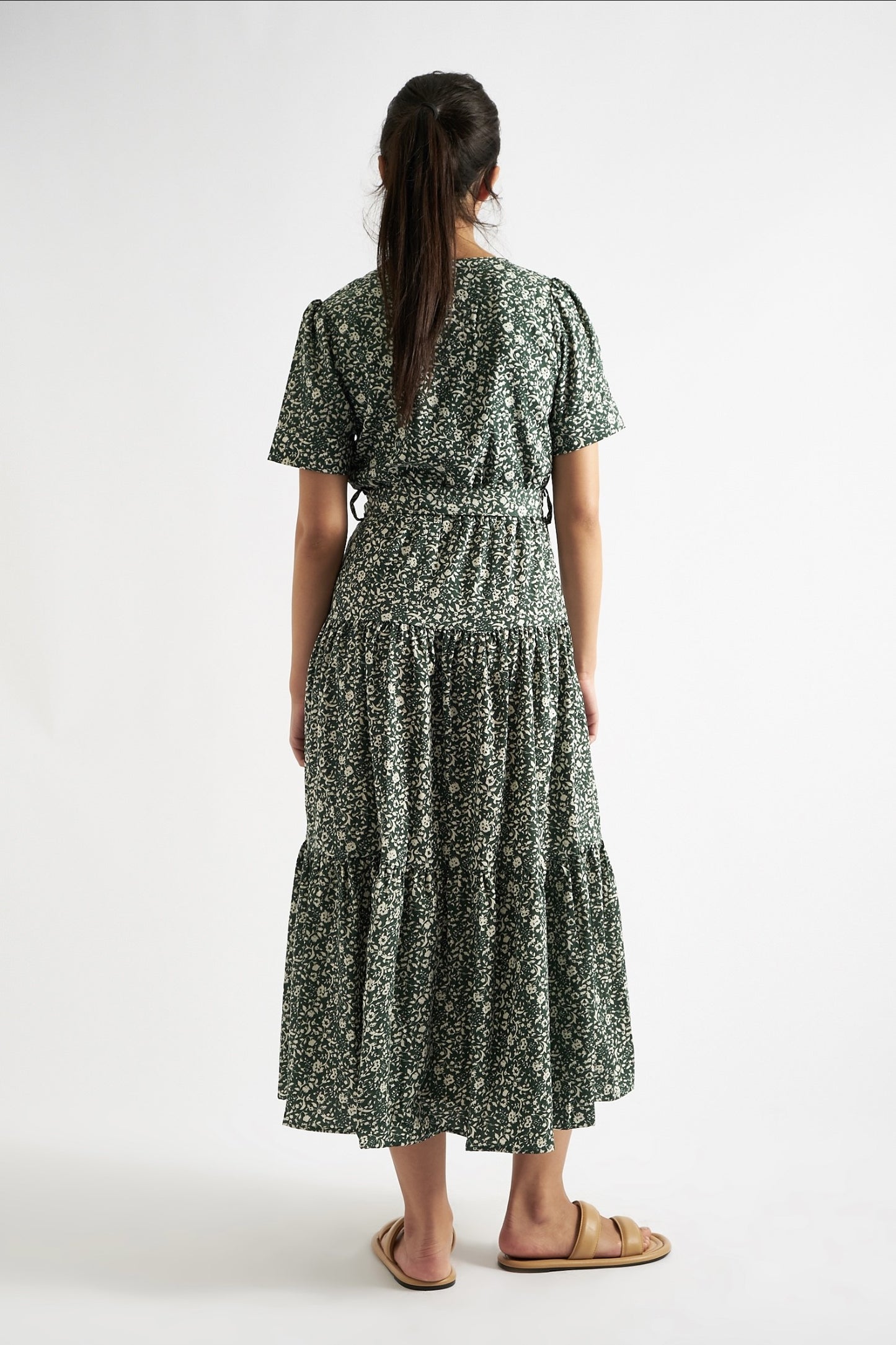 Emin Floral Print Tiered Midi Dress Green