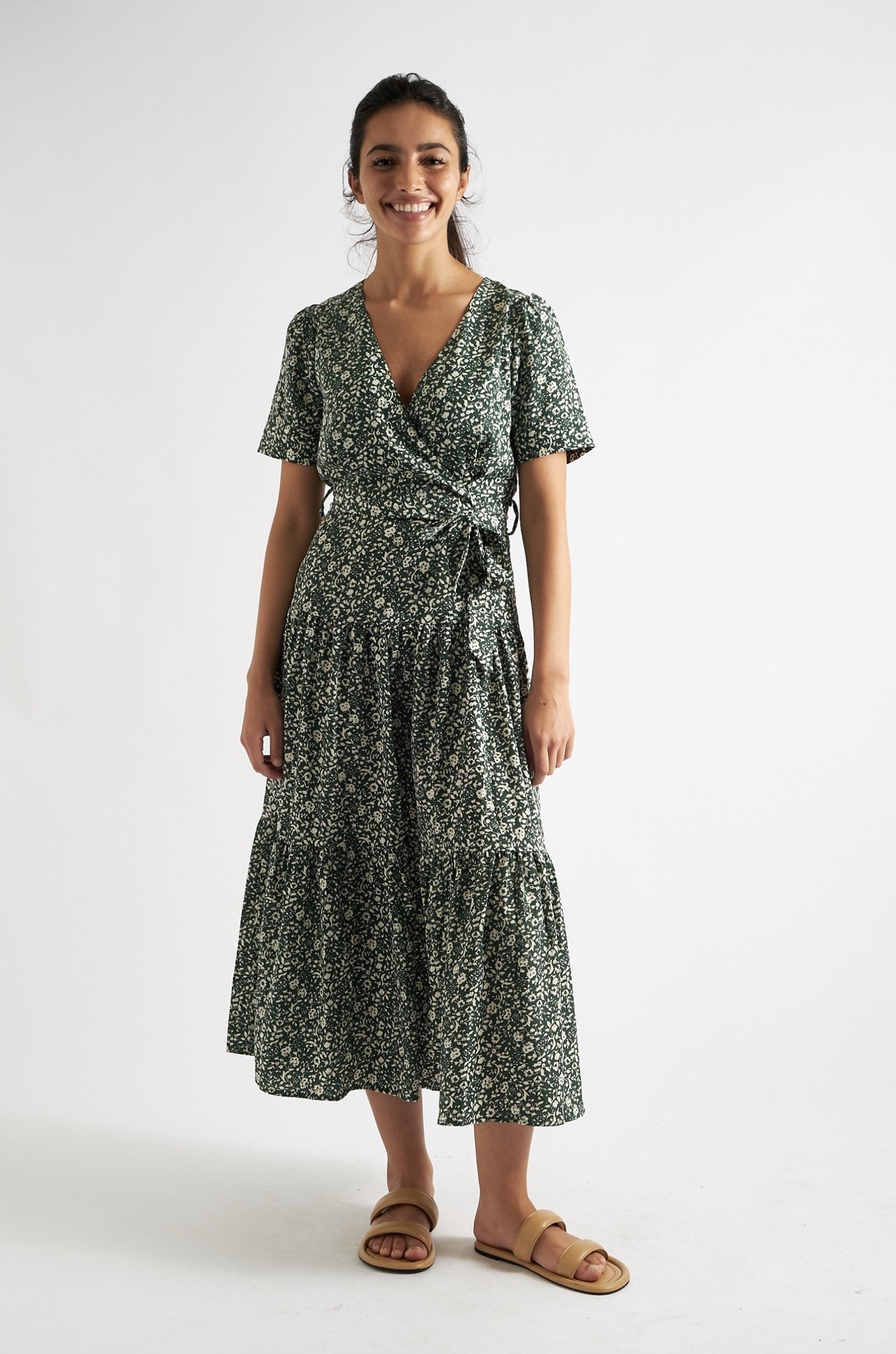 Emin Floral Print Tiered Midi Dress Green