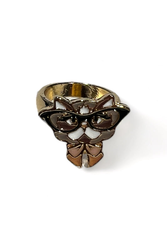 Louche Cat with Glasses Enamelled Gold Ring