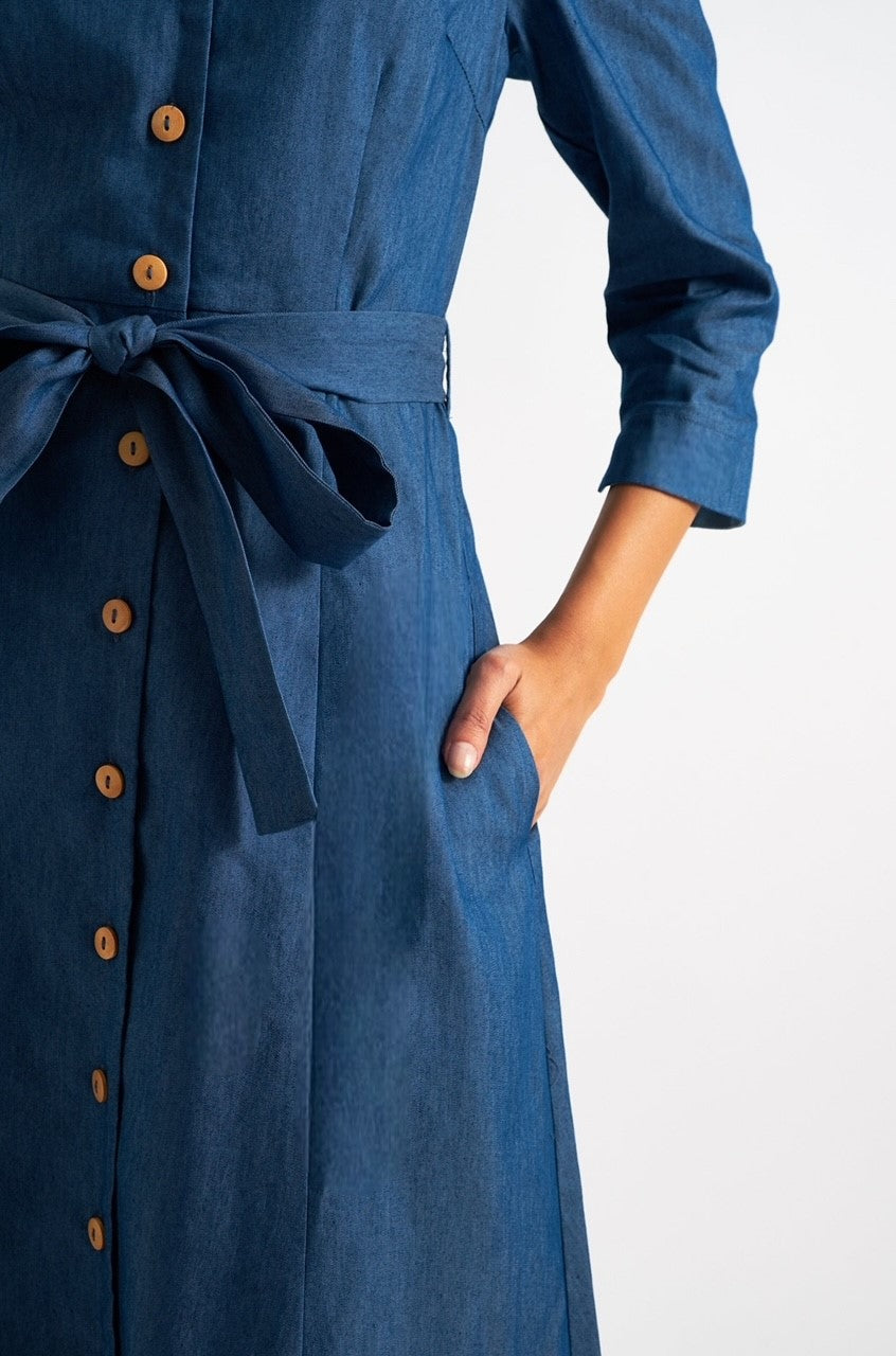 Monick 3/4 Sleeve Chambray Midi Shirt Dress