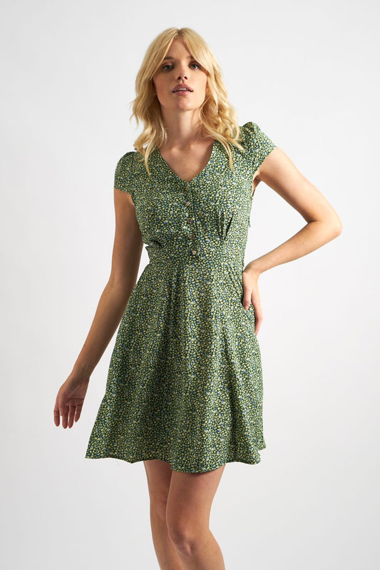 Cathleen Mini Ditsy Print Tea Dress Green