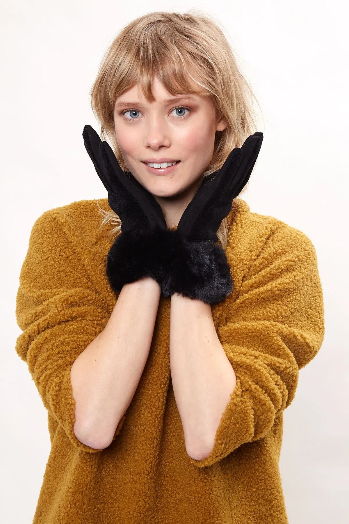 Louche Emer Faux Suede And Fur Cuffed Touch Screen Gloves - Black