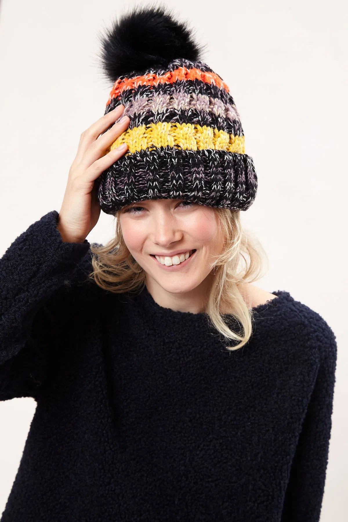 Louche Orla Striped Knitted Beanie With Faux Fur Bobble - Black