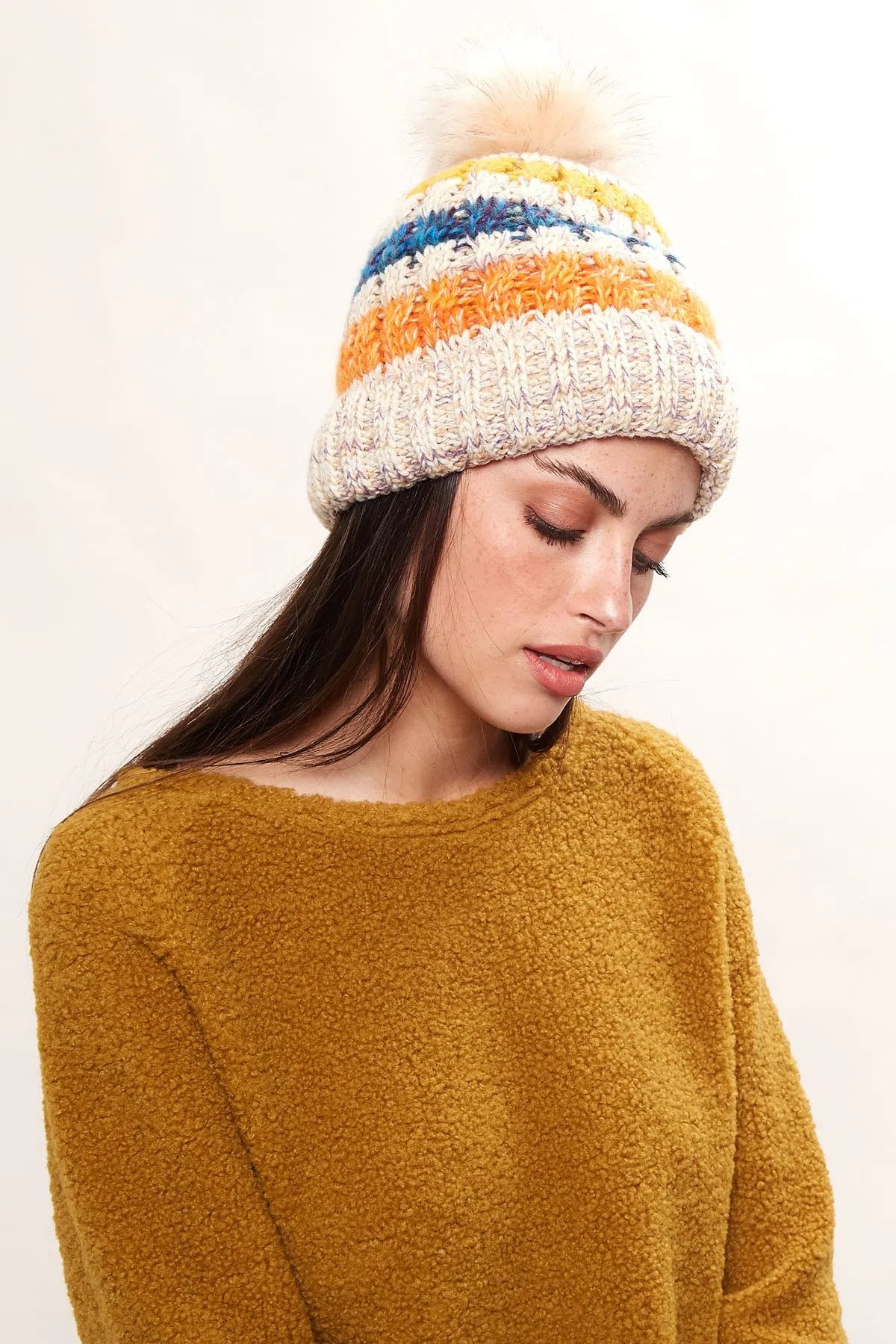 Louche Orla Striped Knitted Beanie With Faux Fur Bobble - White