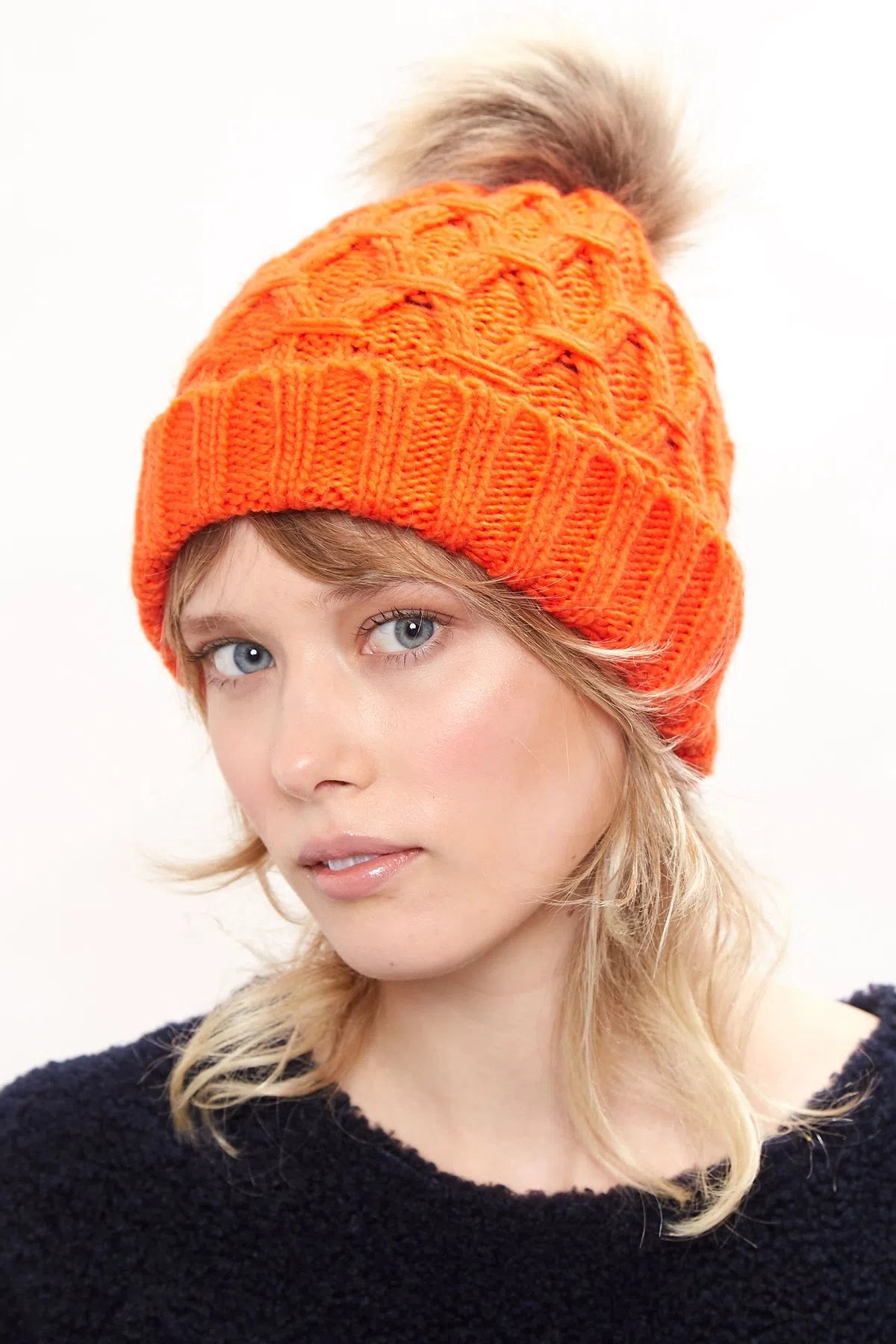 Louche Shauna Cable Knitted Beanie With Faux Fur Bobble - Red