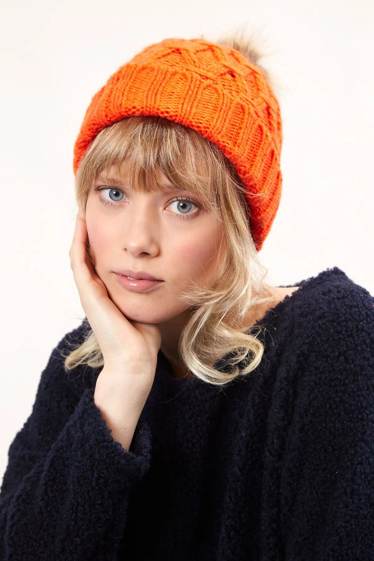 Louche Shauna Cable Knitted Beanie With Faux Fur Bobble - Red