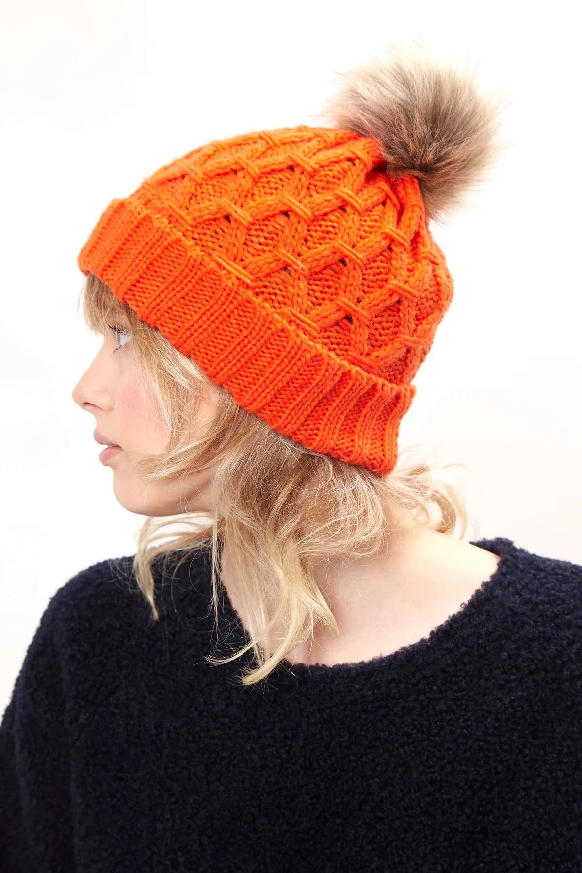 Louche Shauna Cable Knitted Beanie With Faux Fur Bobble - Red