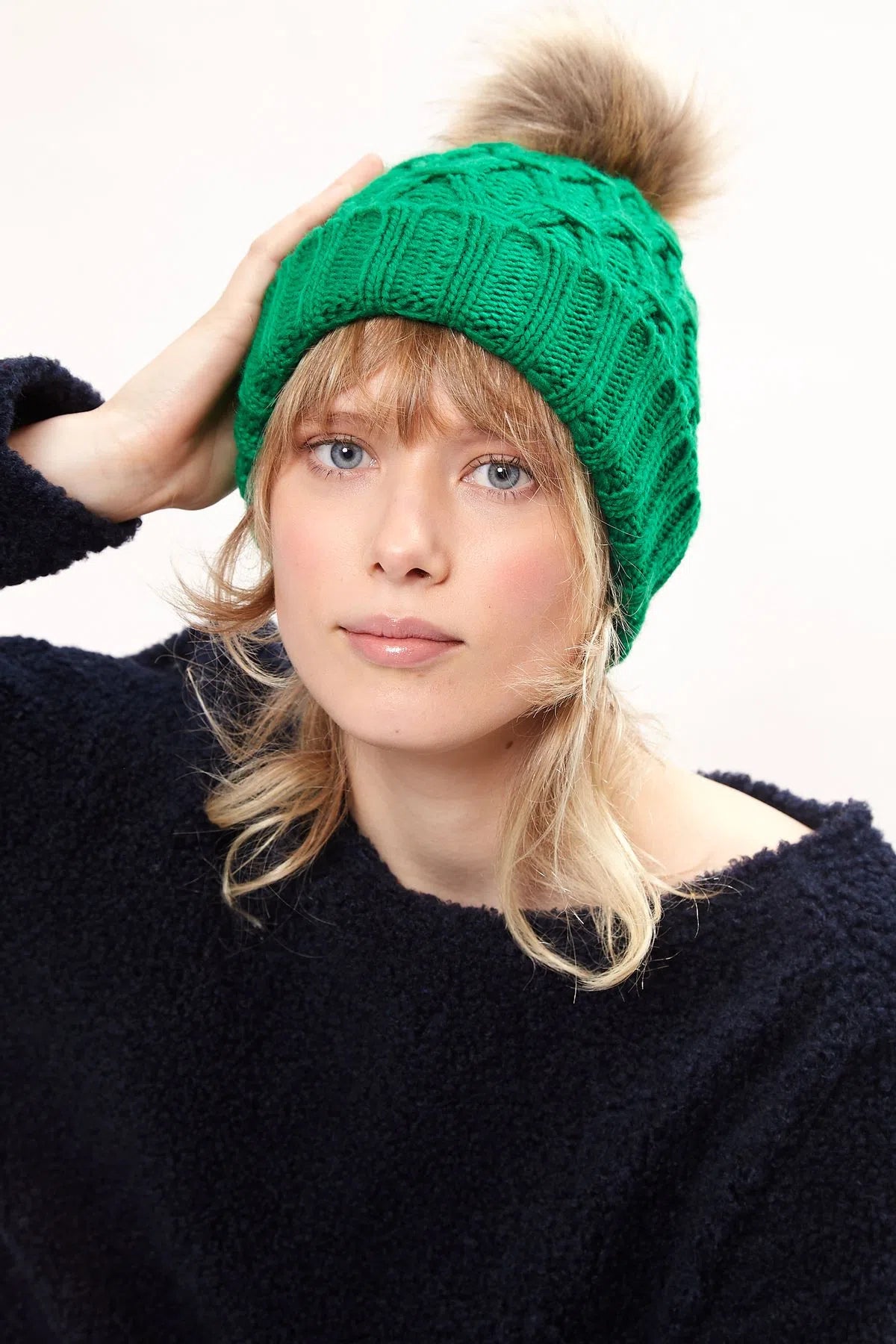 Green cable online knit hat