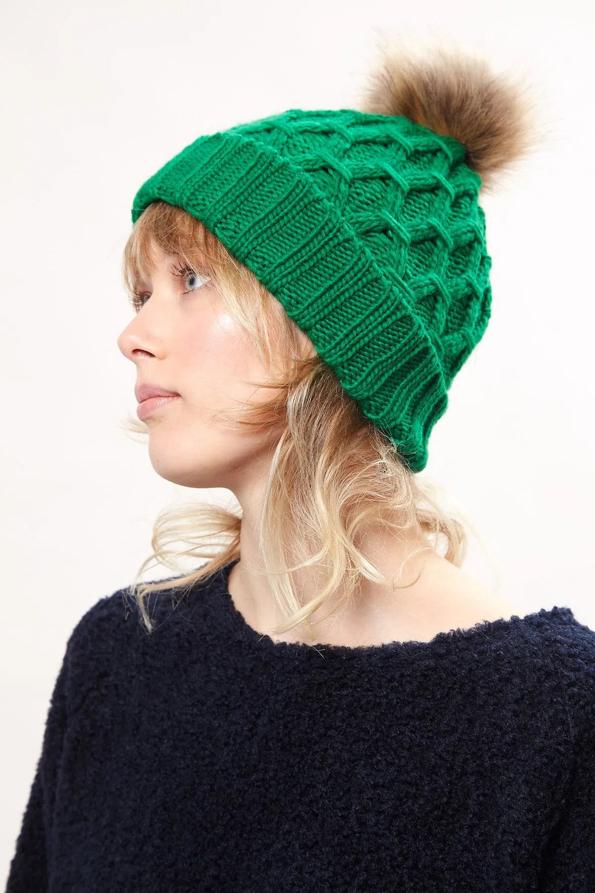 Louche Shauna Cable Knitted Beanie With Faux Fur Bobble - Green