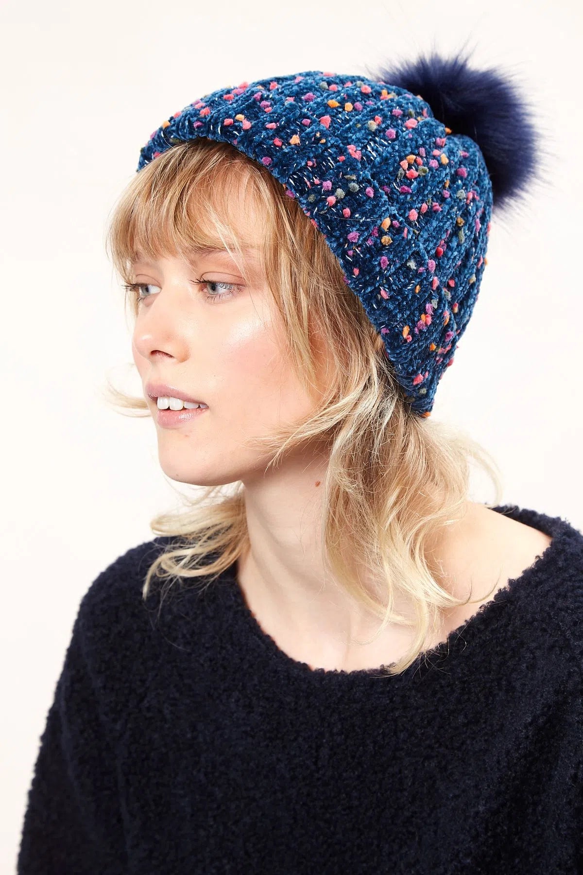 Louche Shannon Knitted Nep Beanie With Faux Fur Bobble - Navy - Detail 1