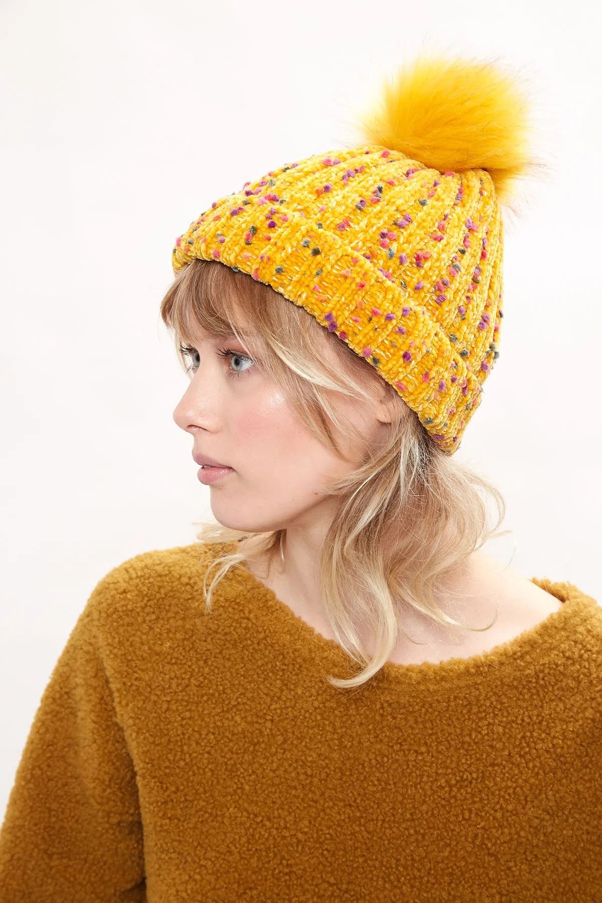 Louche Shannon Knitted Nep Beanie With Faux Fur Bobble - Mustard