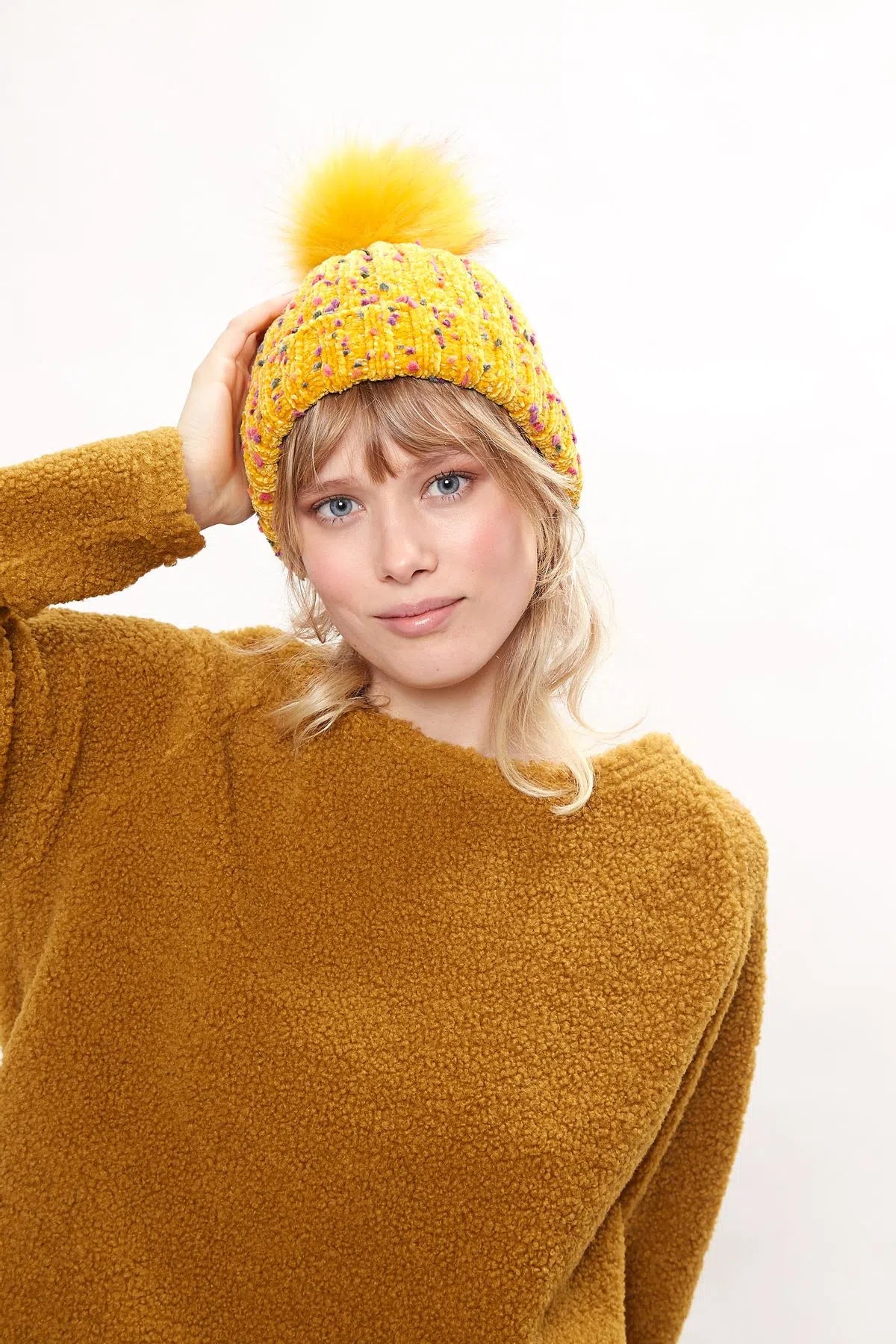 Louche Shannon Knitted Nep Beanie With Faux Fur Bobble - Mustard - Detail 1