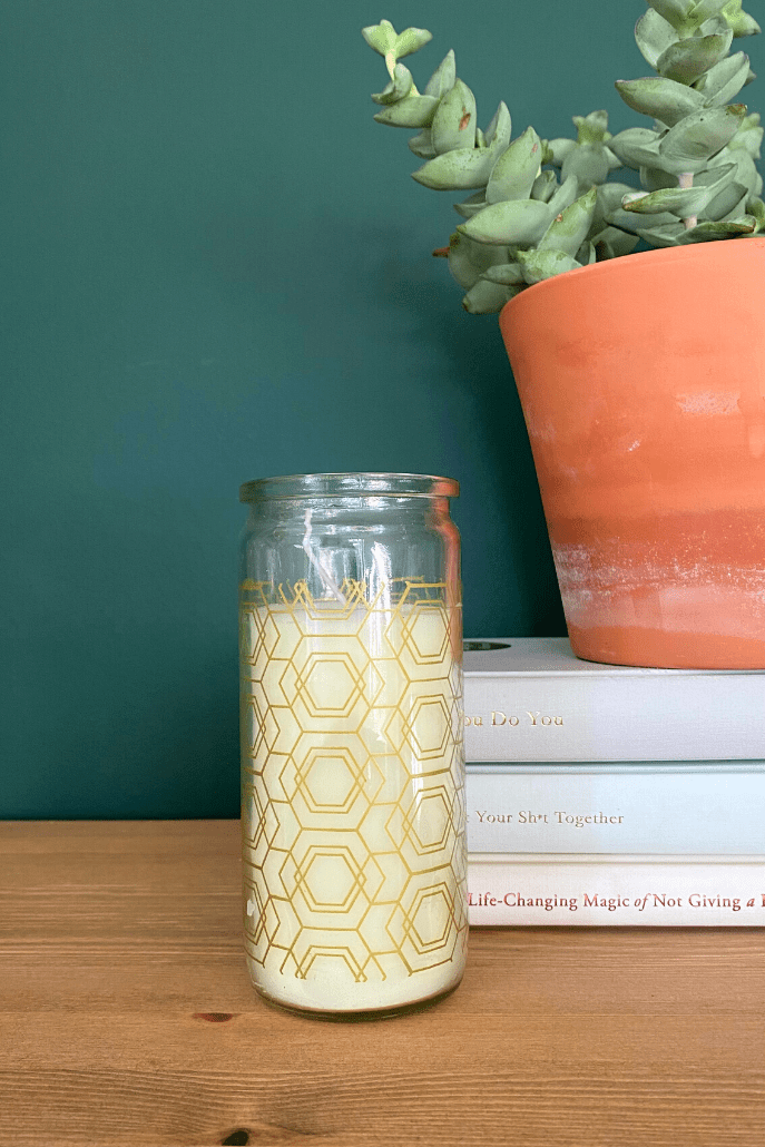 Oud And Gingerlily Geo Printed Glass Candle - Styled