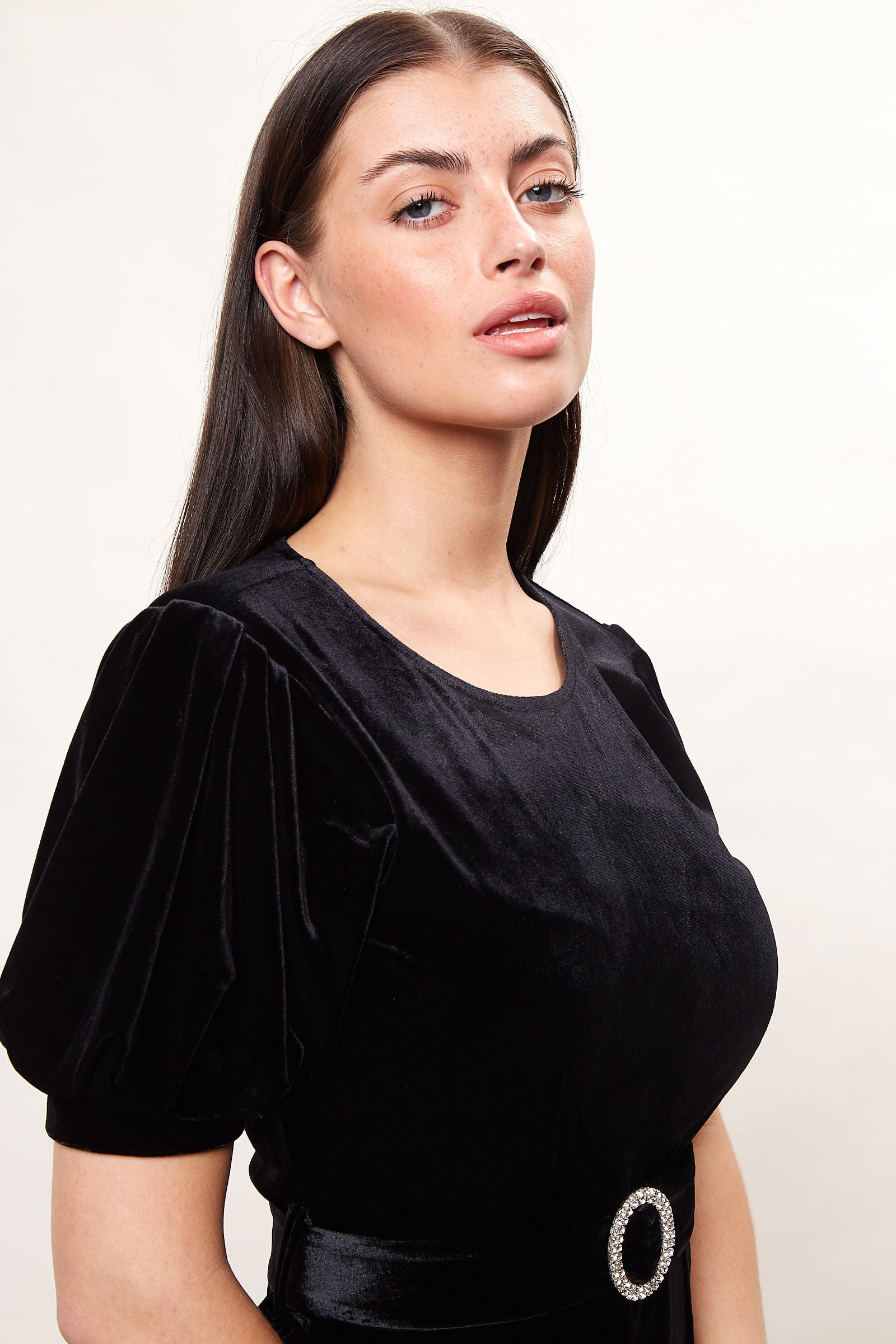Louche Alya Velvet Diamante Buckle Mini Dress - Black - Detail 2