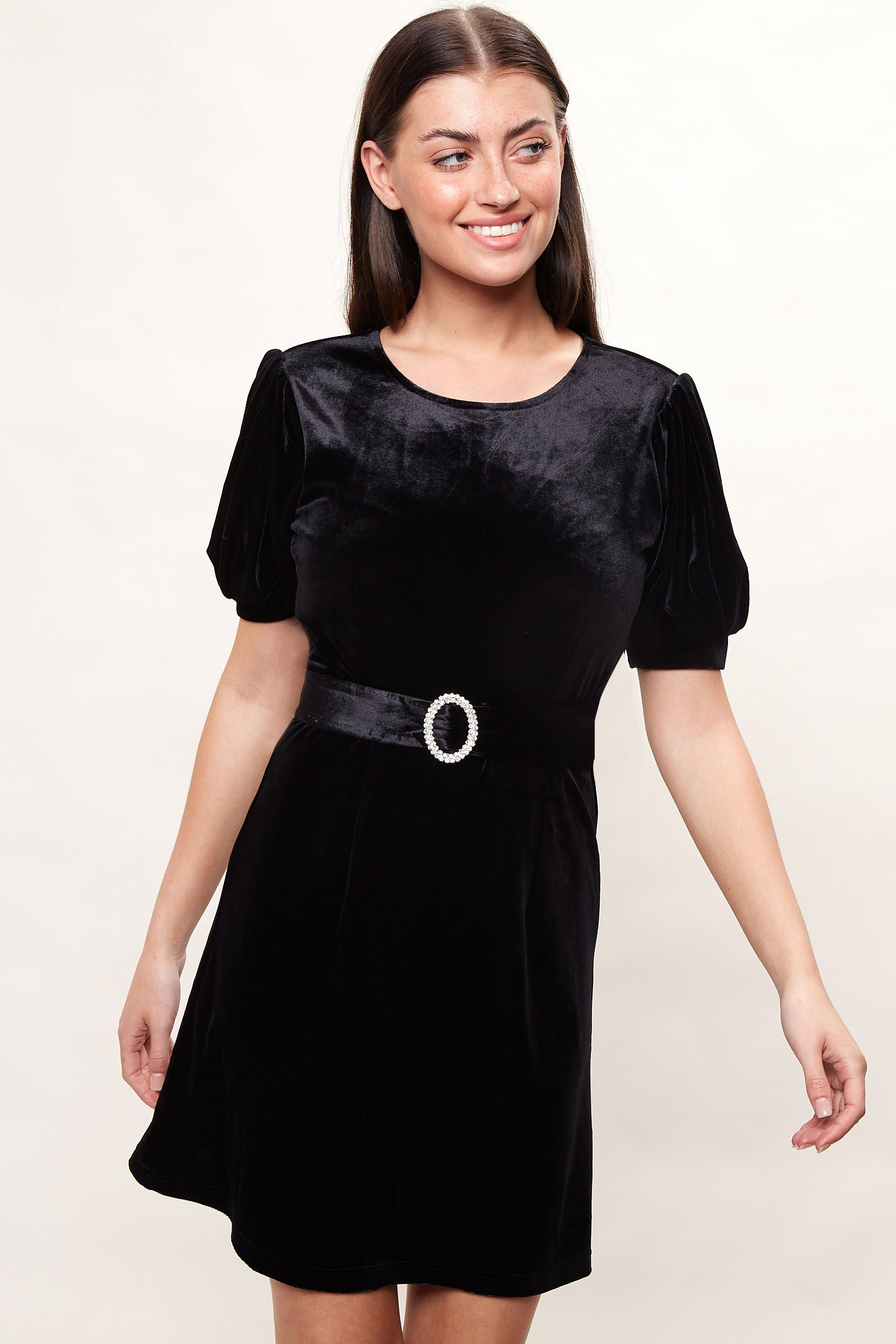 Louche Alya Velvet Diamante Buckle Mini Dress - Black - Detail 3