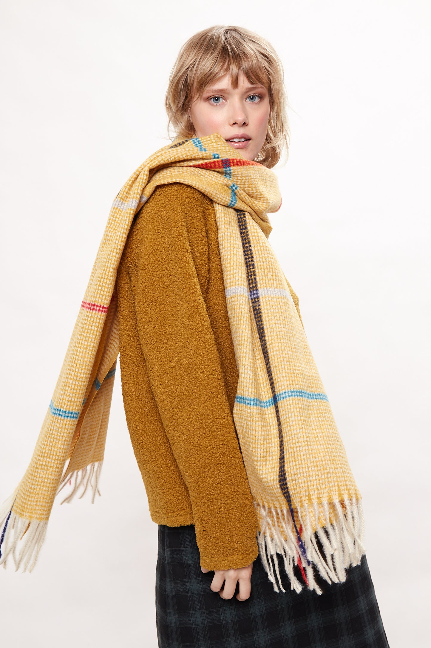 Louche Aoife Fluffy Warm Handle Woven Check Scarf With Tassels - Mustard