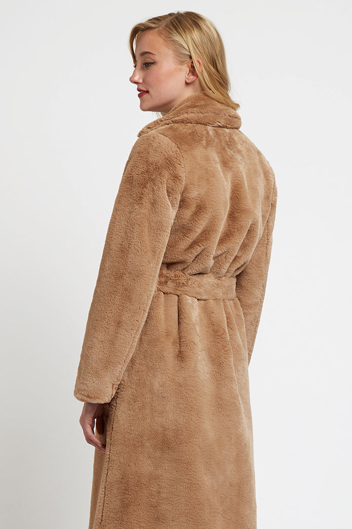 Arinette Faux Fur Tie Waist Midi Coat - Camel