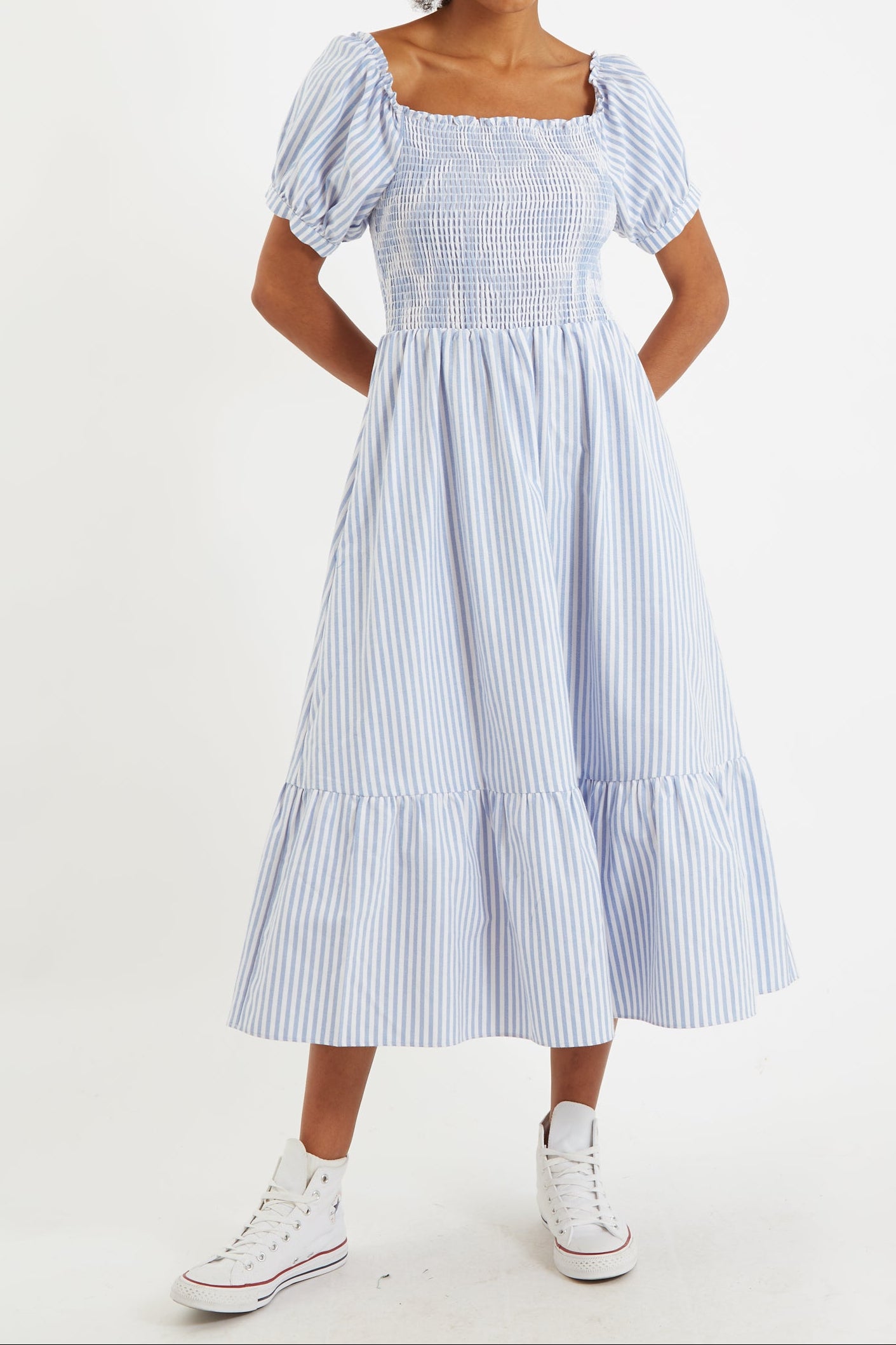 Babette Sail Stripe Shirred Bodice Midi Dress Blue