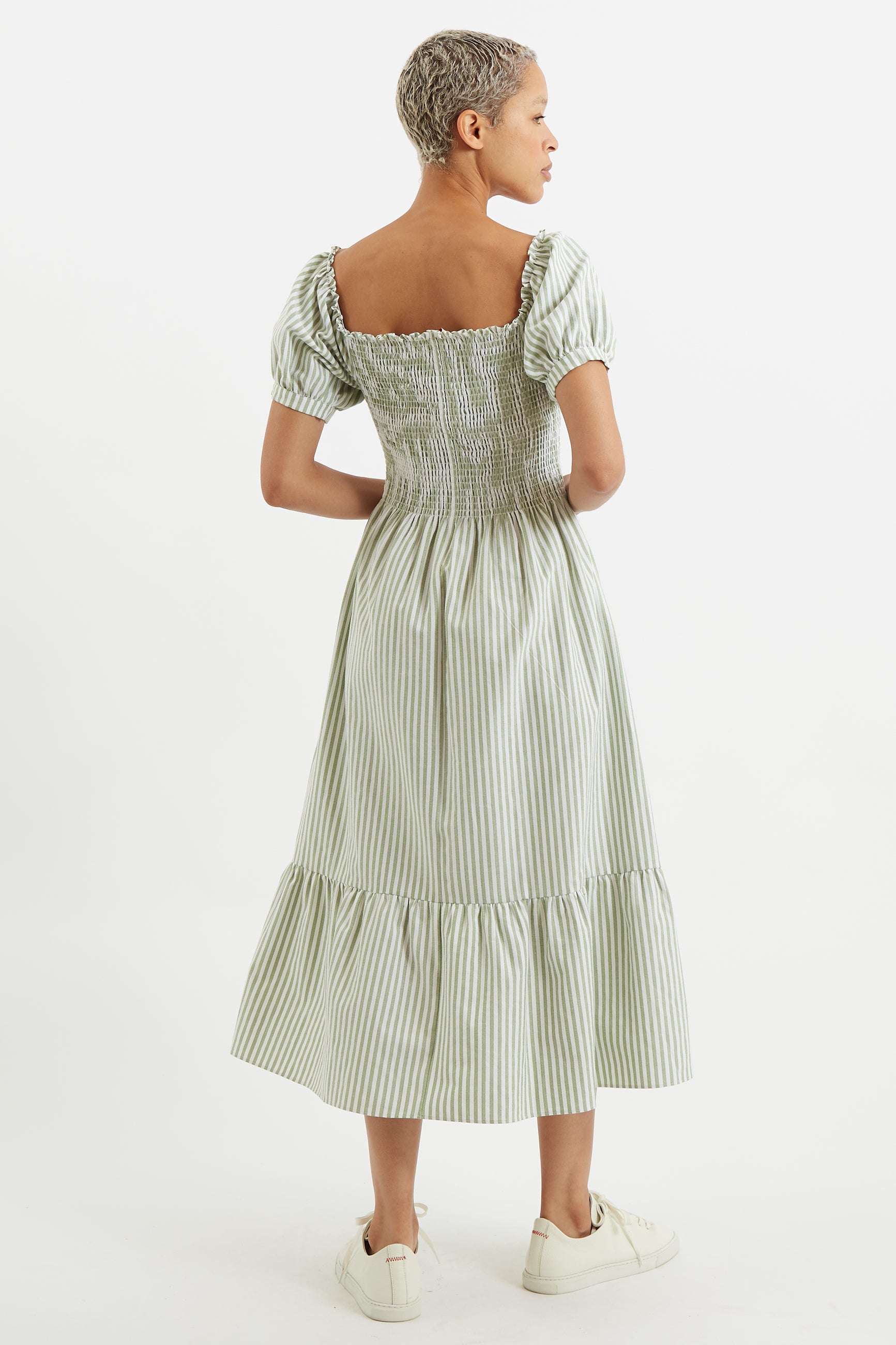 Babette Sail Stripe Shirred Bodice Midi Dress Green
