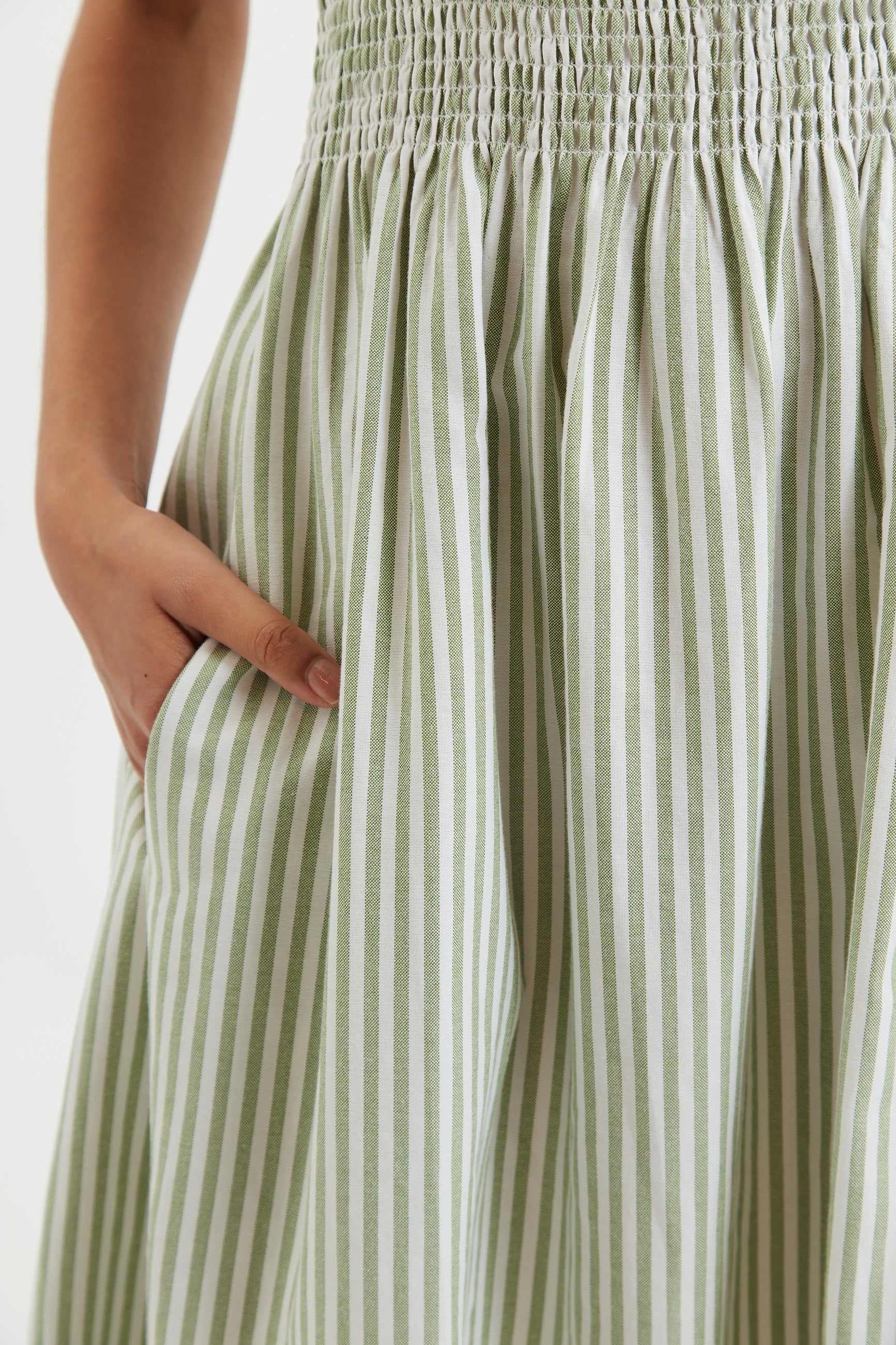 Babette Sail Stripe Shirred Bodice Midi Dress Green - Detail 2