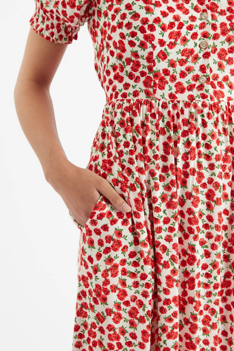 Louche Beatrix Roses Print V Neck Short Sleeve Midi Tiered Dress