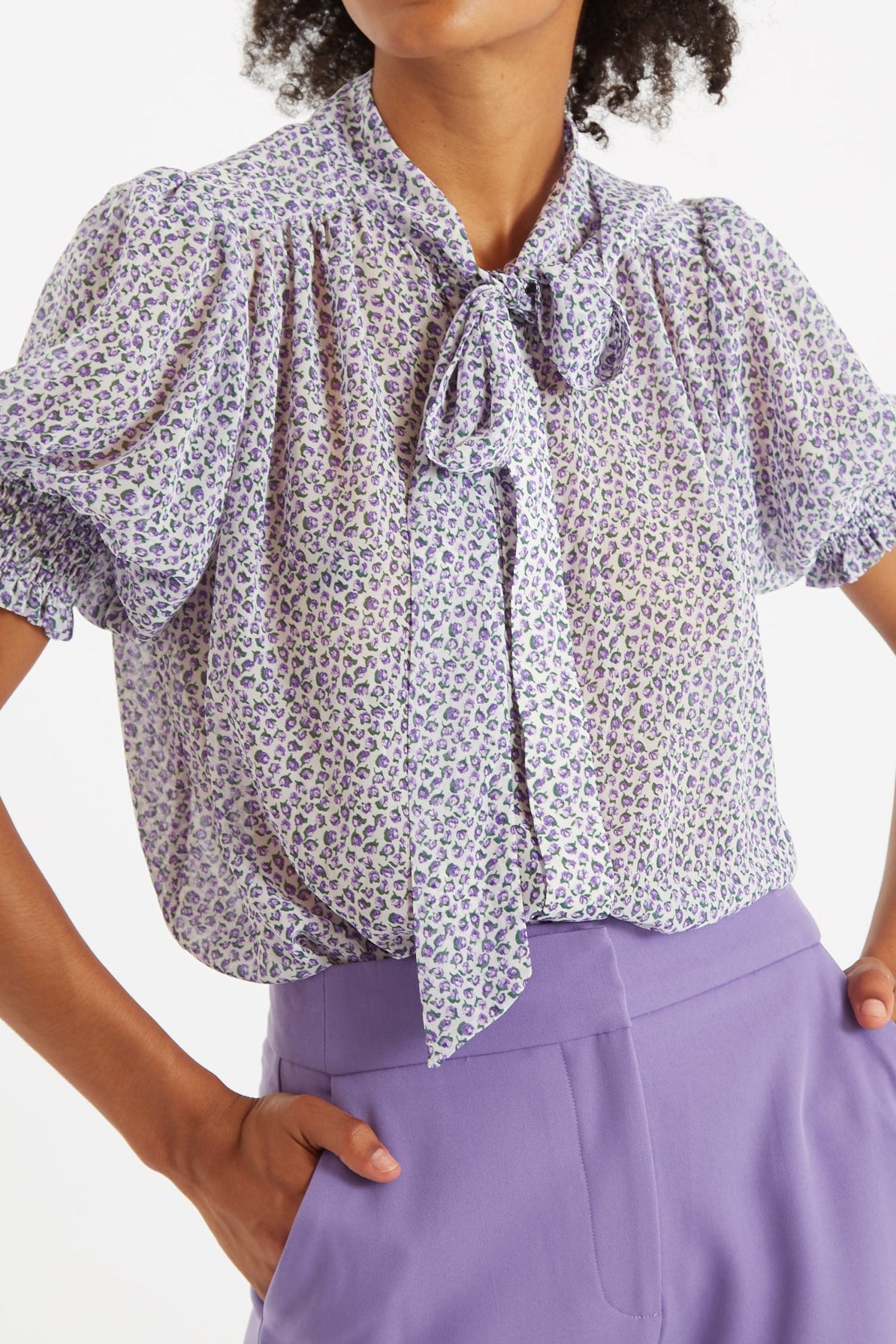 Belia Rosetta Tie Neck Short Sleeve Blouse