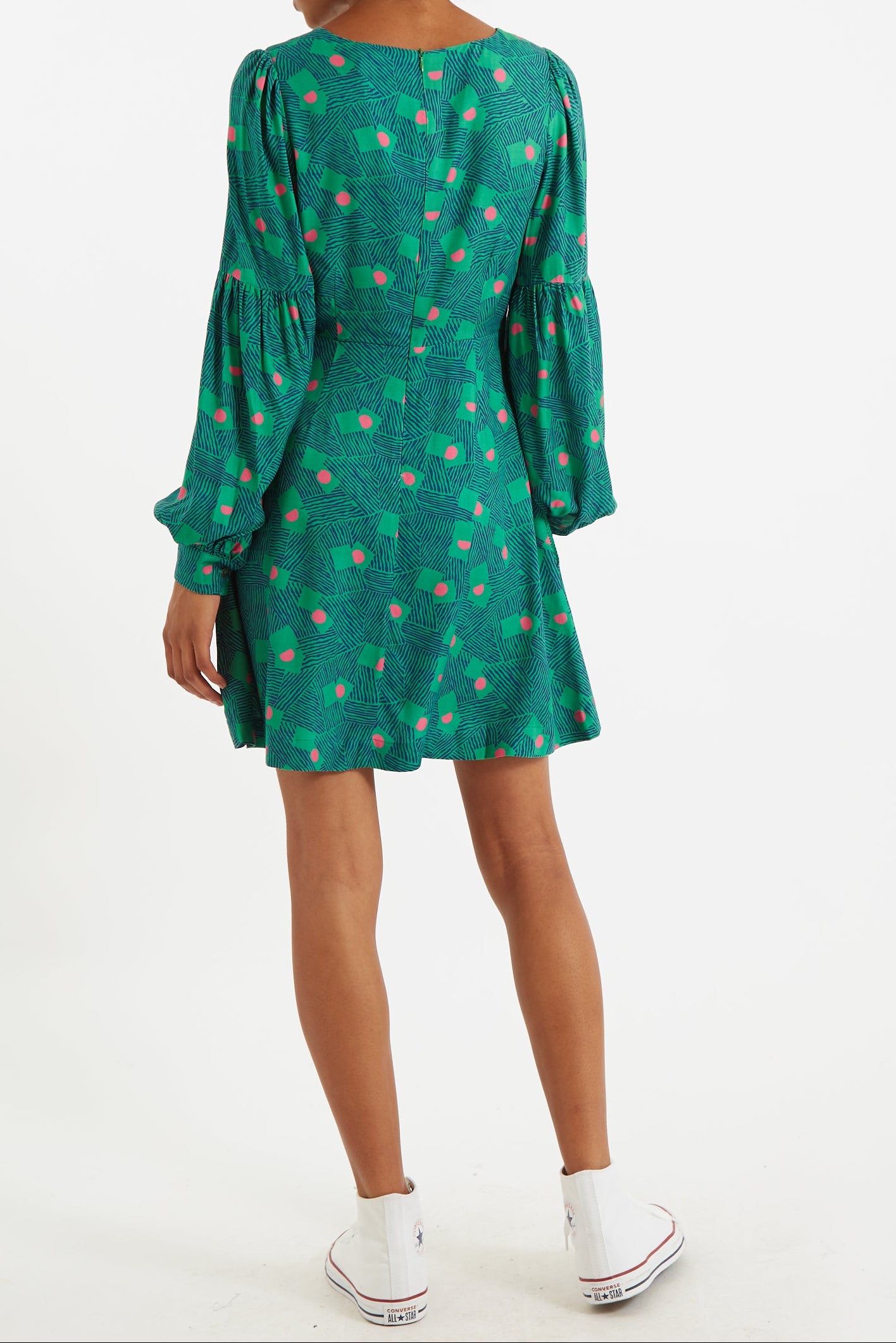 Bindy Bauhaus Abstract Print Square Neck Long Sleeve Dresses - Back