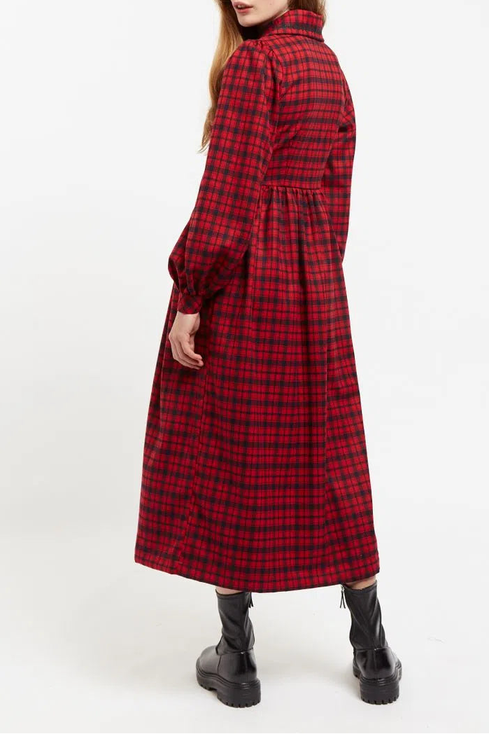 Louche Cailin Winter Gingham Midi Shirt Dress in Red and Black - Back