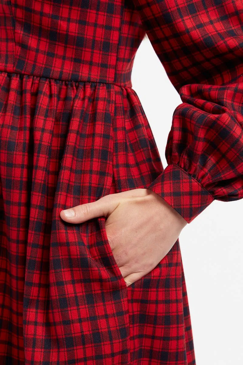 Louche Cailin Winter Gingham Midi Shirt Dress in Red and Black - Styled