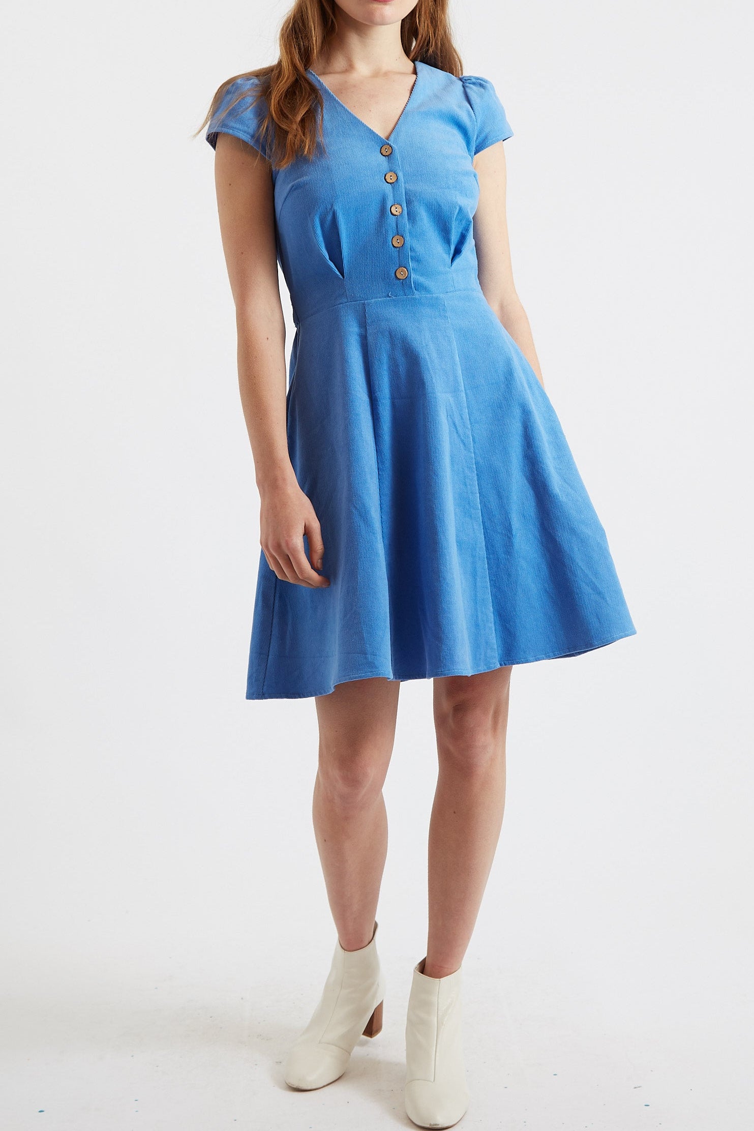 Cathleen Blue Mini Baby Cord Tea Dress - Detail 1